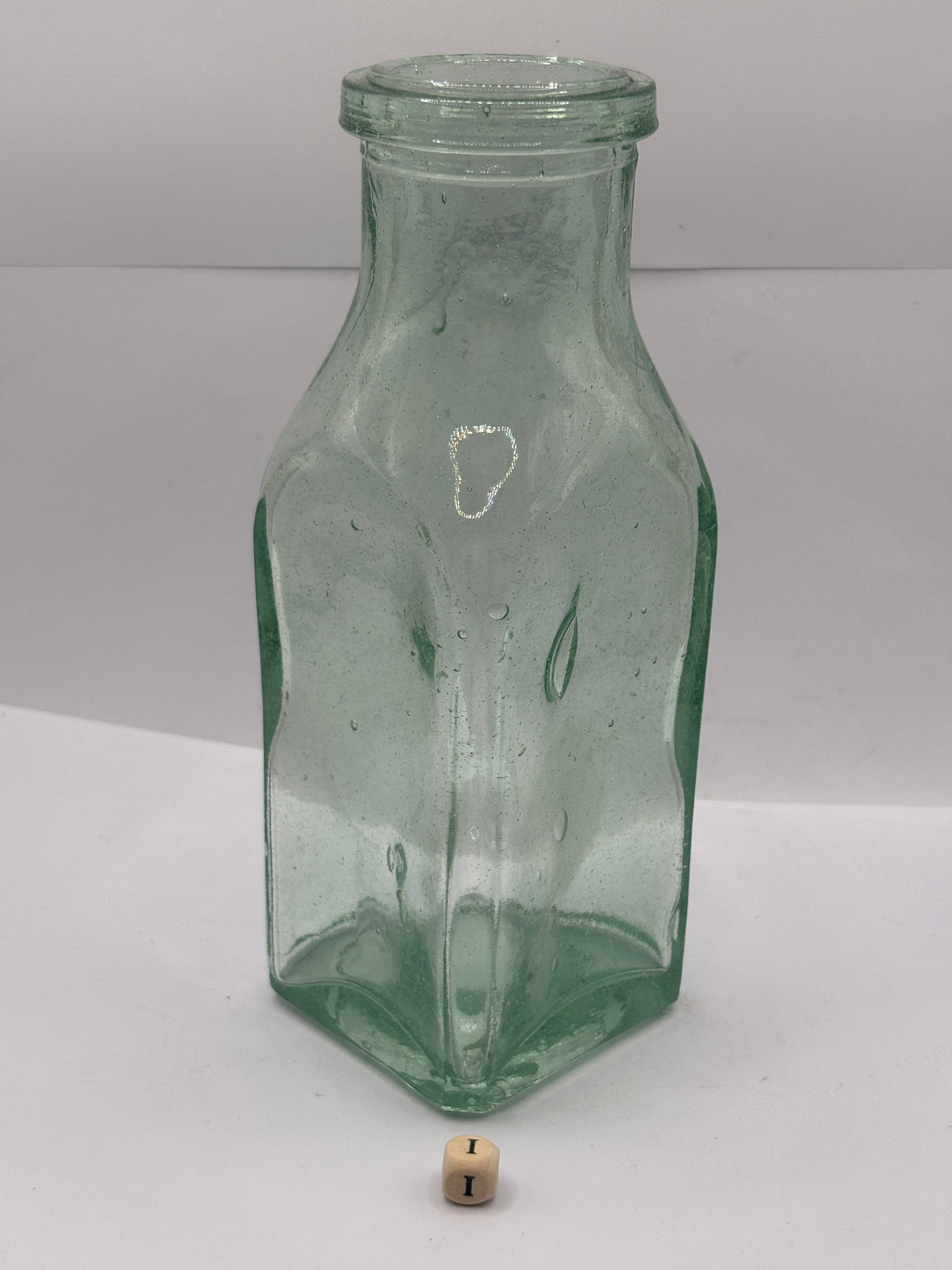 Old square aqua glass pickle jar (i) bubbly glass