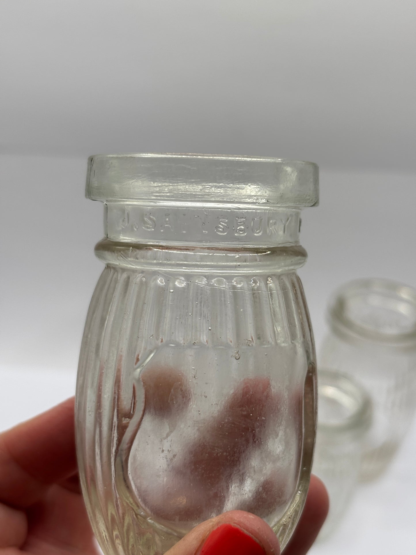 5 old clear glass meat paste jars (a)