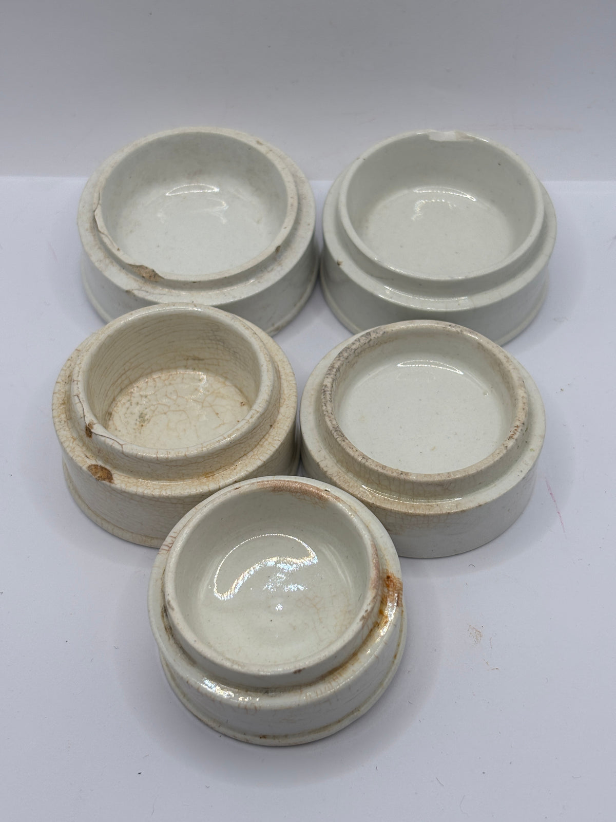 5 old stoneware pot lid bases, stackers (e)