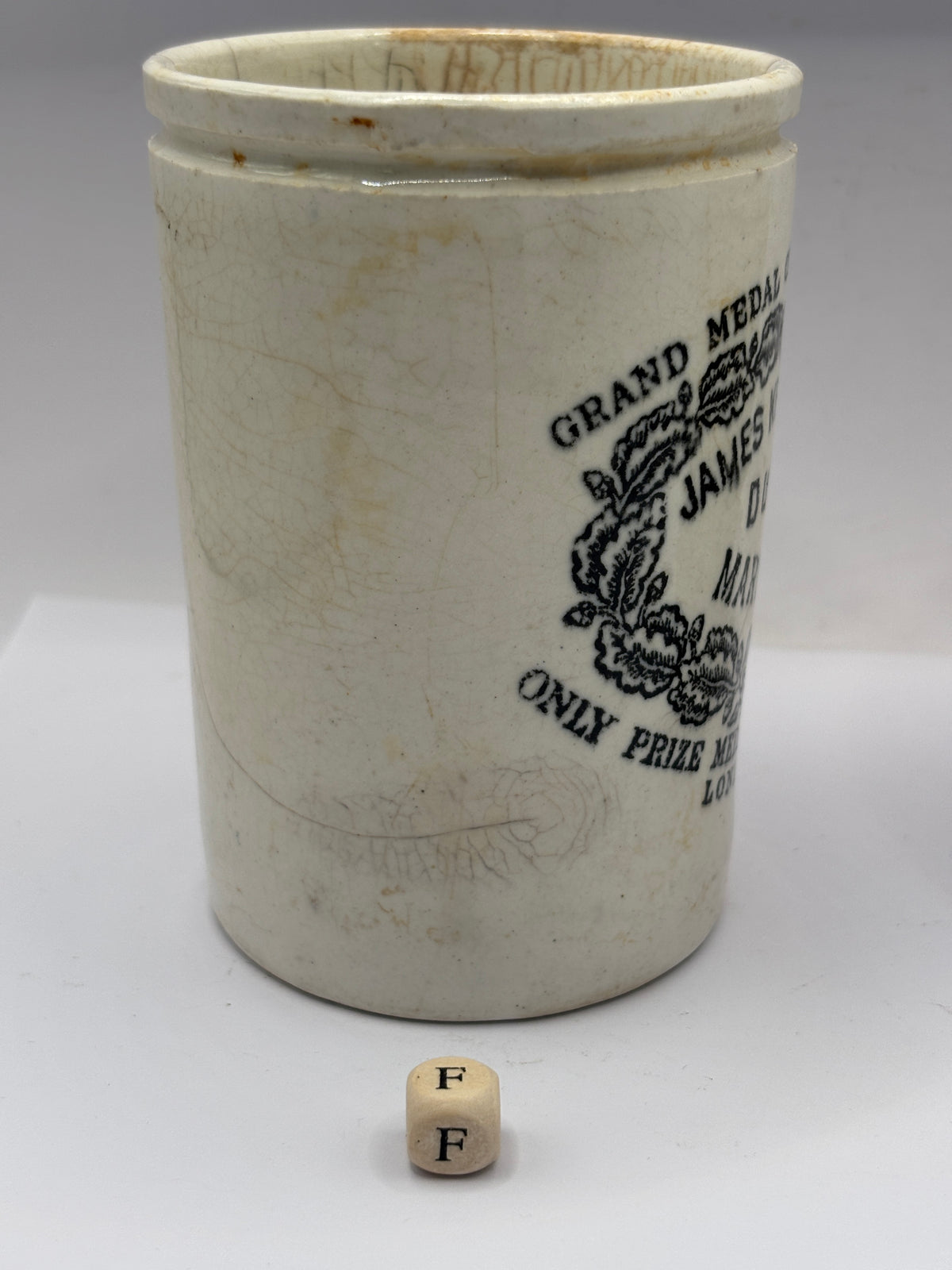 Old 1lb stoneware marmalade pot, James Keiller Dundee marmalade (F) damaged