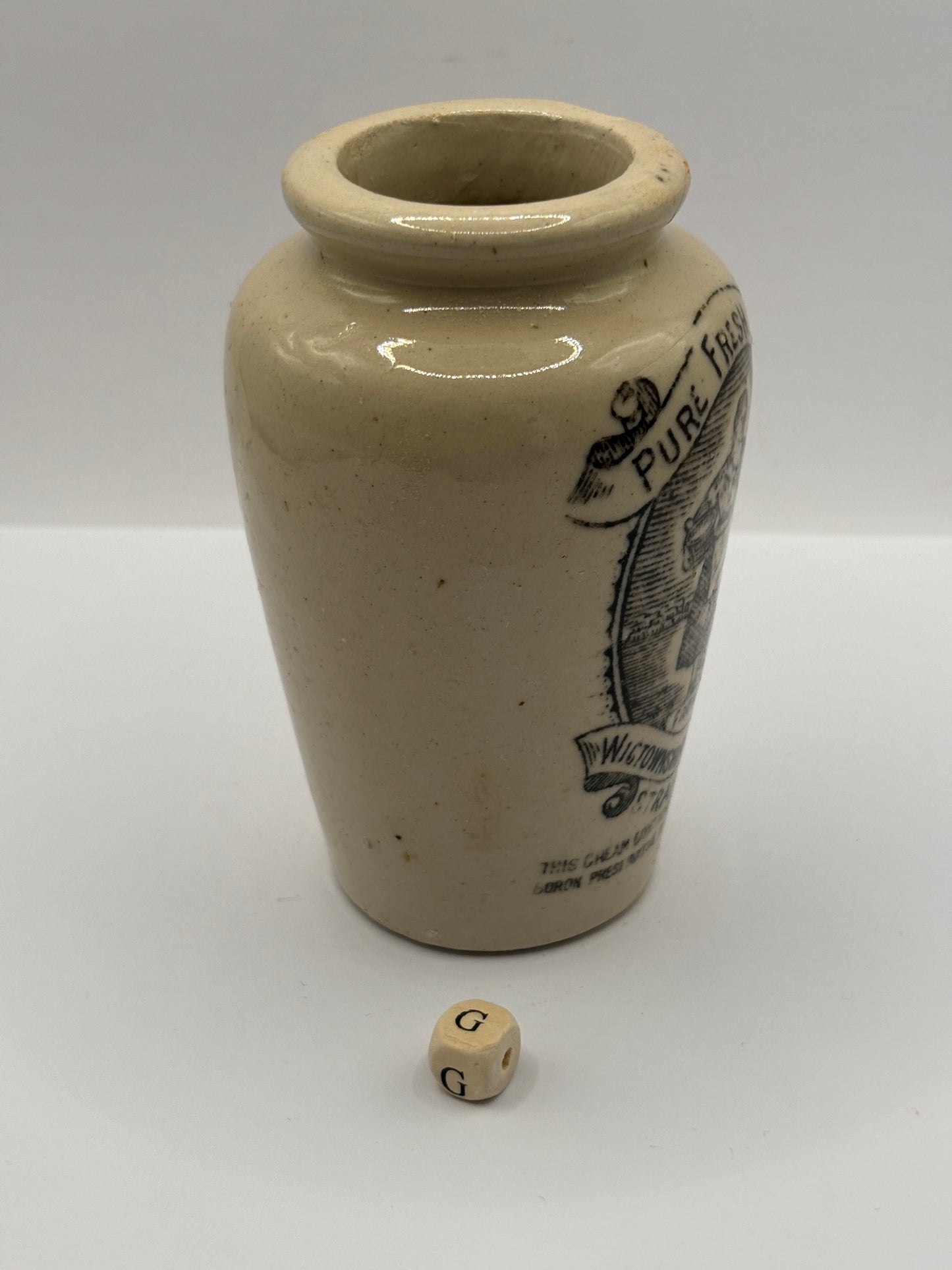 Old advertising cream pot, Rich preserved cream, Stranraer. Milk maid (G) damaged