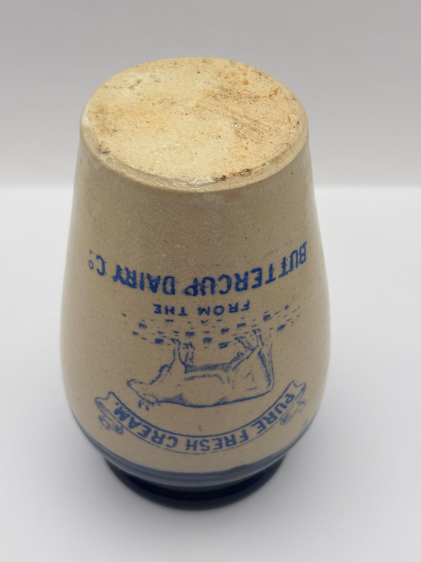 Old blue top advertising cream pot, Pure fresh cream, Buttercup dairy