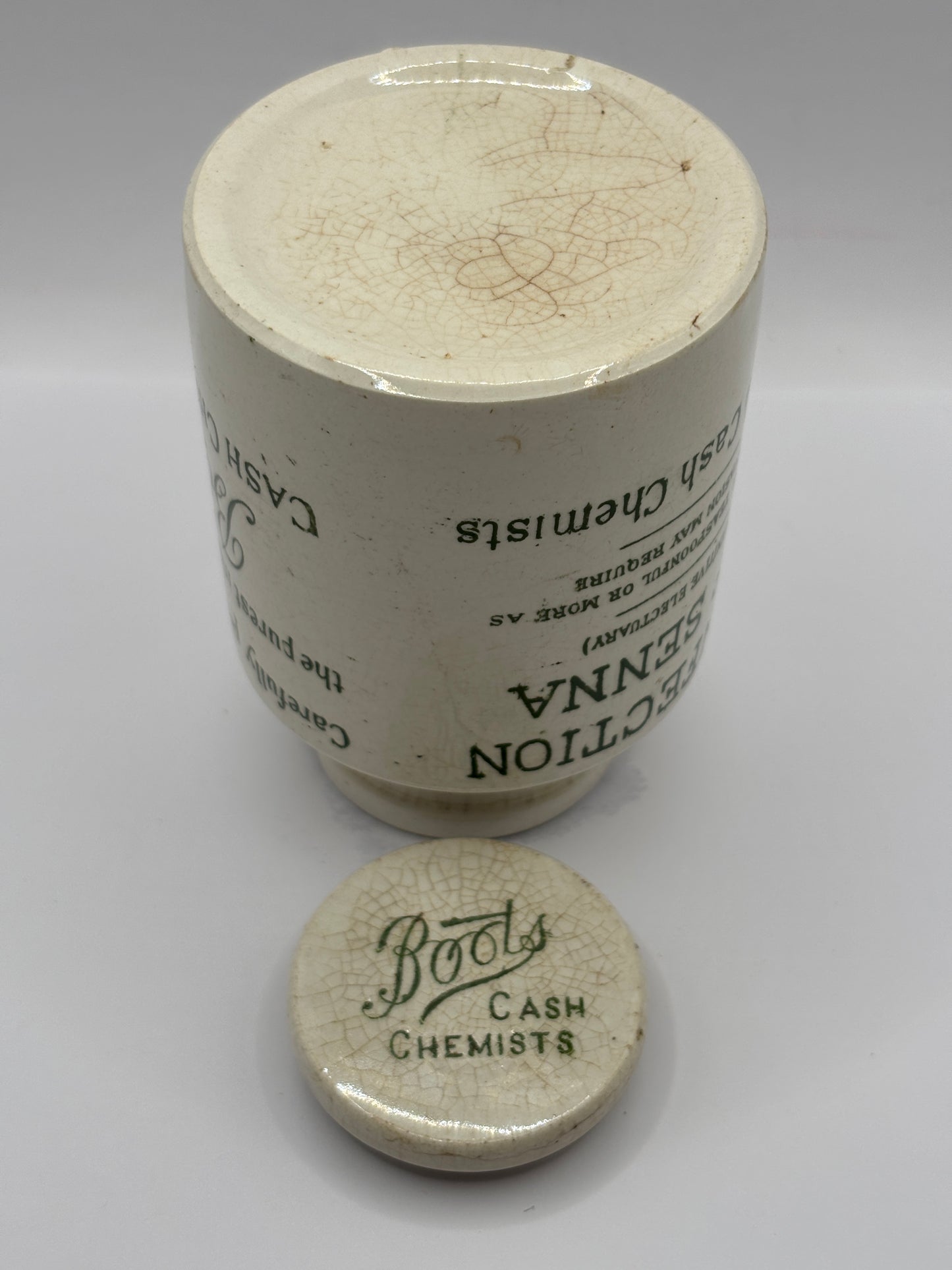 Old advertising jar, Boots confection of senna jar and lid