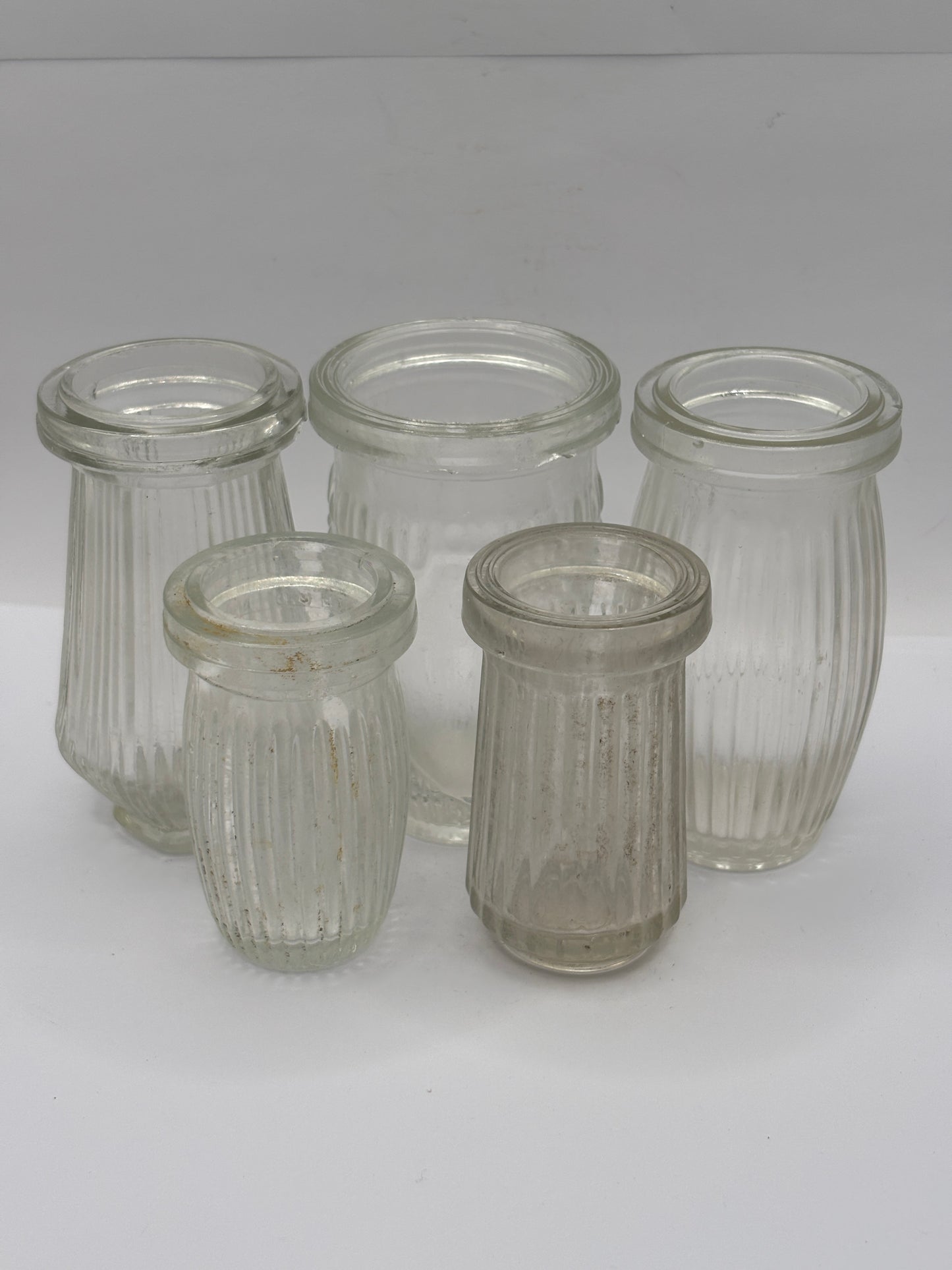 5 old clear glass meat paste jars