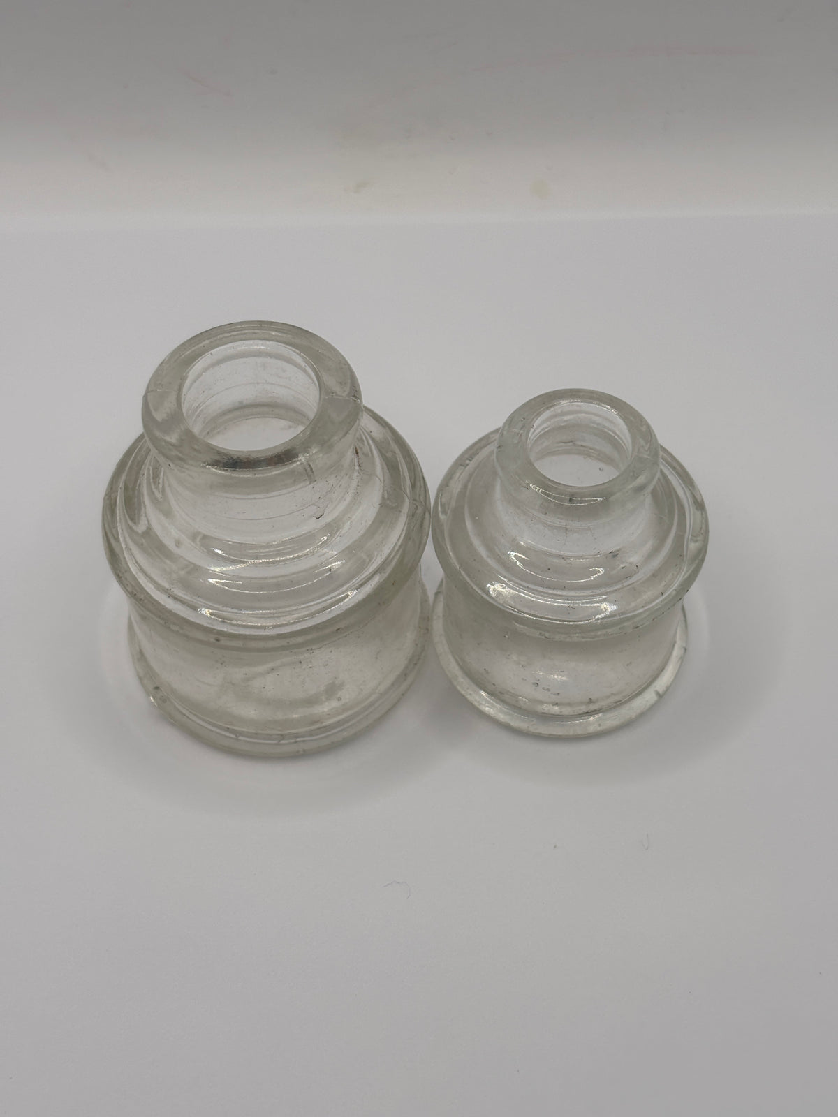 2 old clear glass inkwells, ink bottles