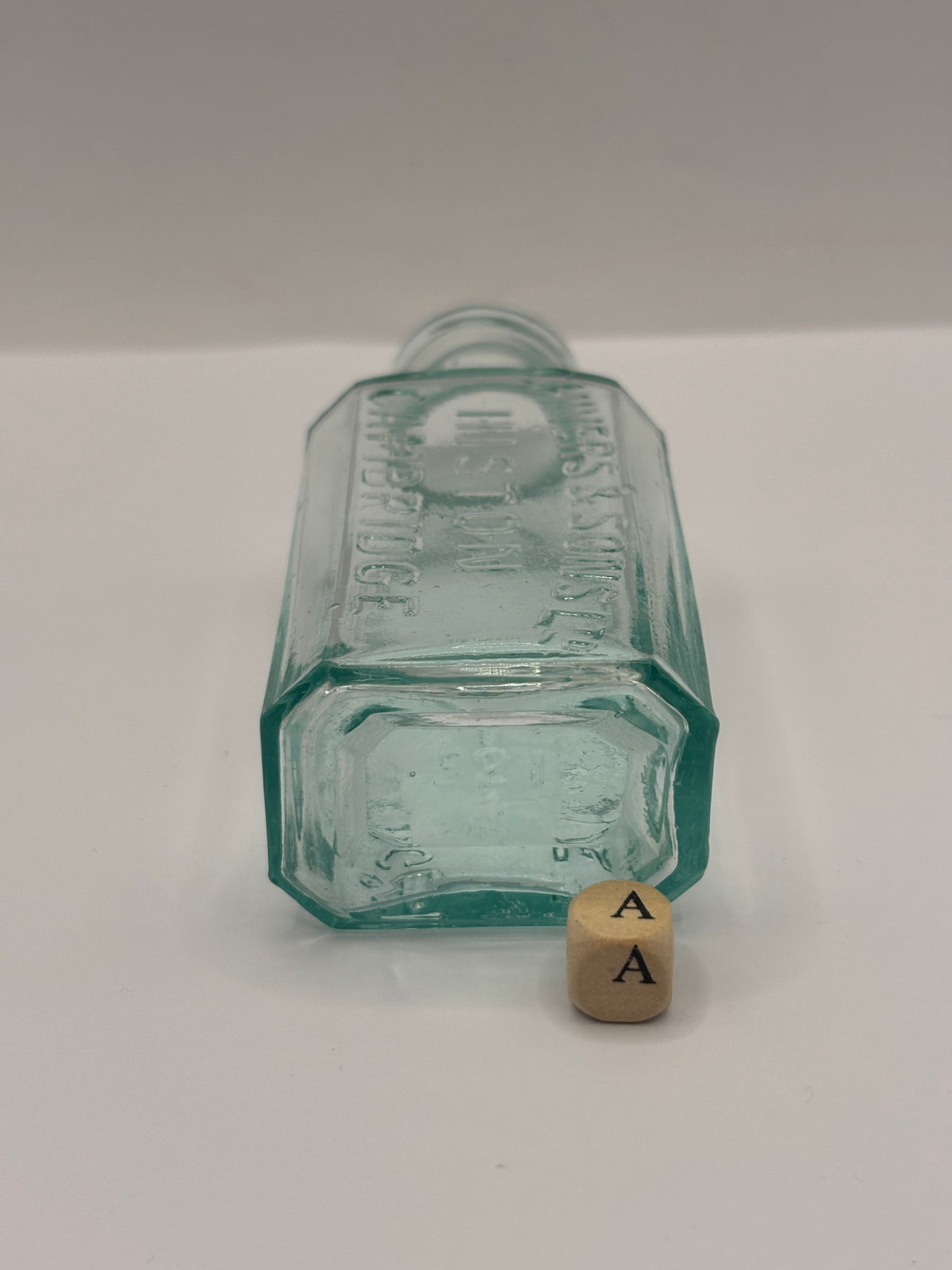 Old aqua glass advertising bottle, Chivers Lemonade (a)
