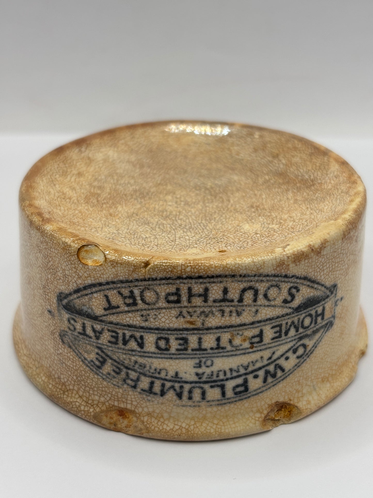 Old Plumtree advertising meat paste pot. Damaged