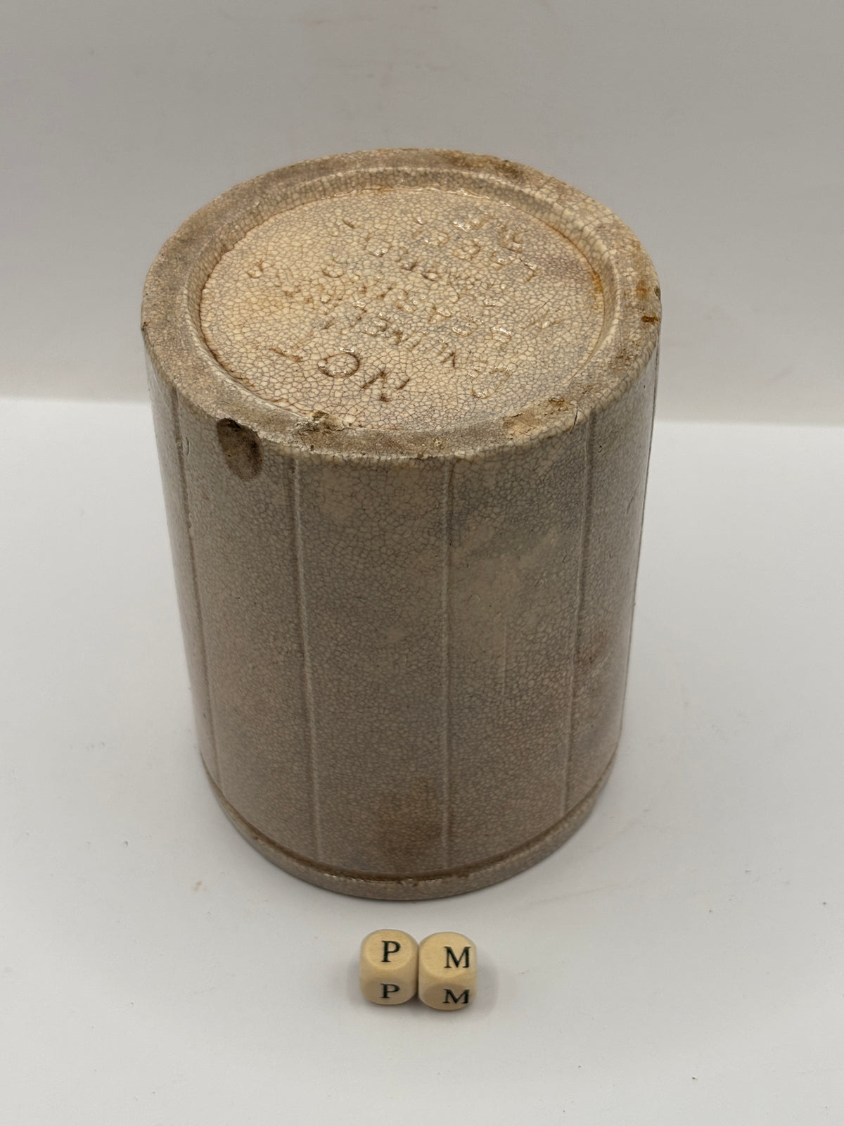 Old 1lb ribbed stoneware jam pot (PM) stained & crazed