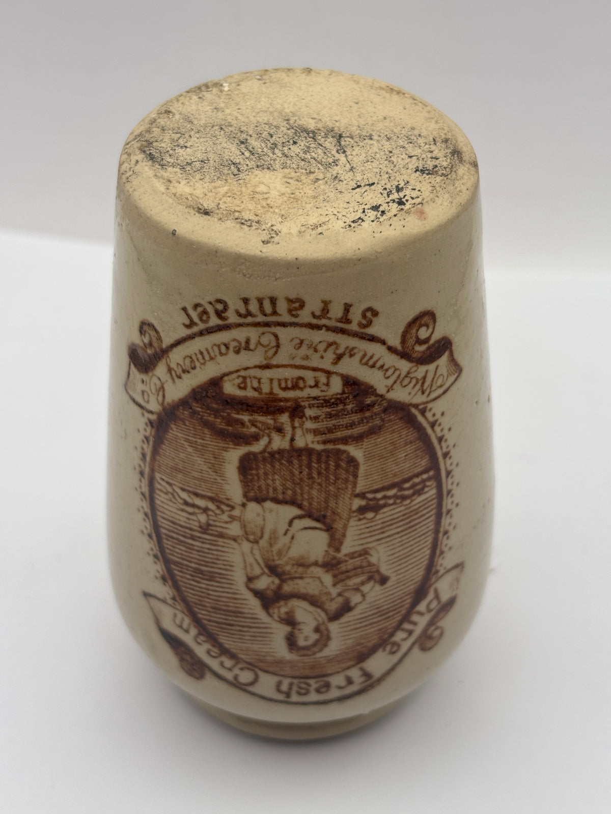Old advertising cream pot, rich preserved cream stranraer, milkmaid. Serpia print