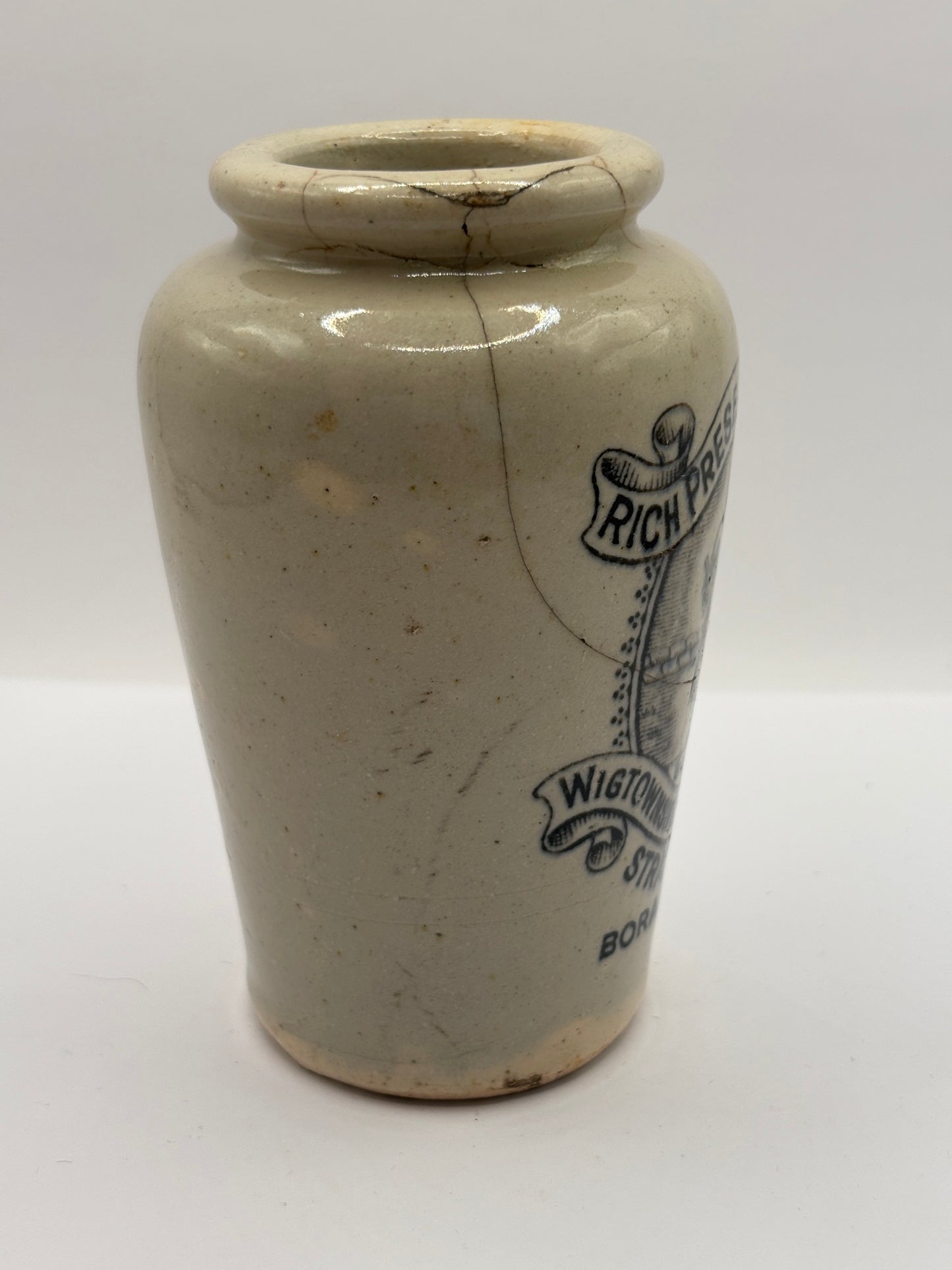 Old advertising cream pot, Rich preserved cream, Stranraer. Milk maid. damaged