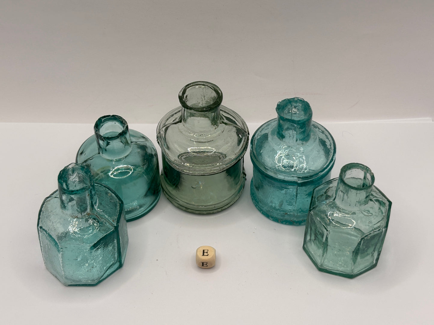 5 old glass inks, inkwells, ink bottles (E)