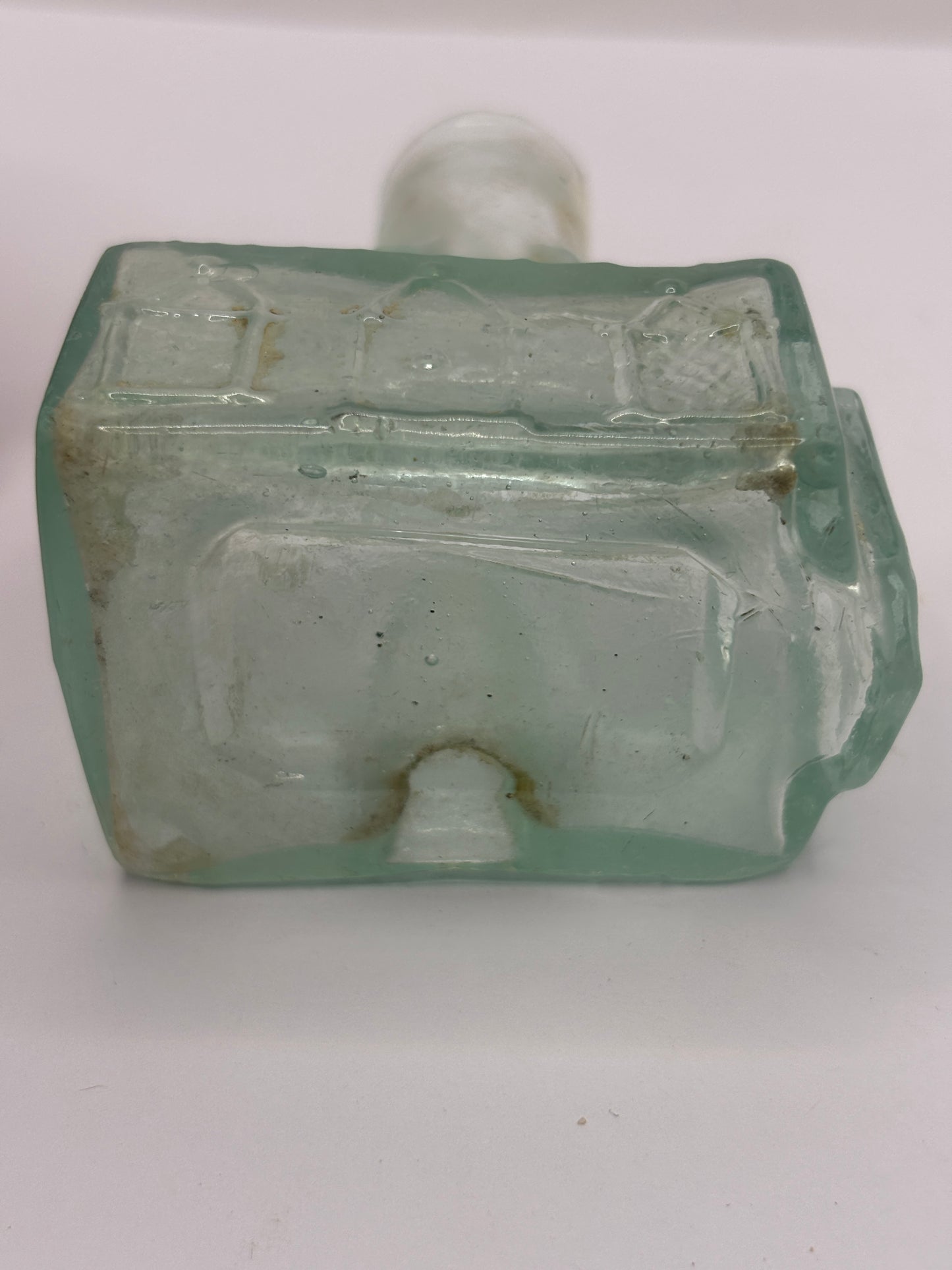 Old aqua glass cottage ink, ink bottle. Inkwell (ST) DAMAGED