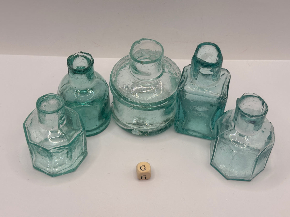 5 old aqua glass inks, inkwells, ink bottles, penny ink (G)