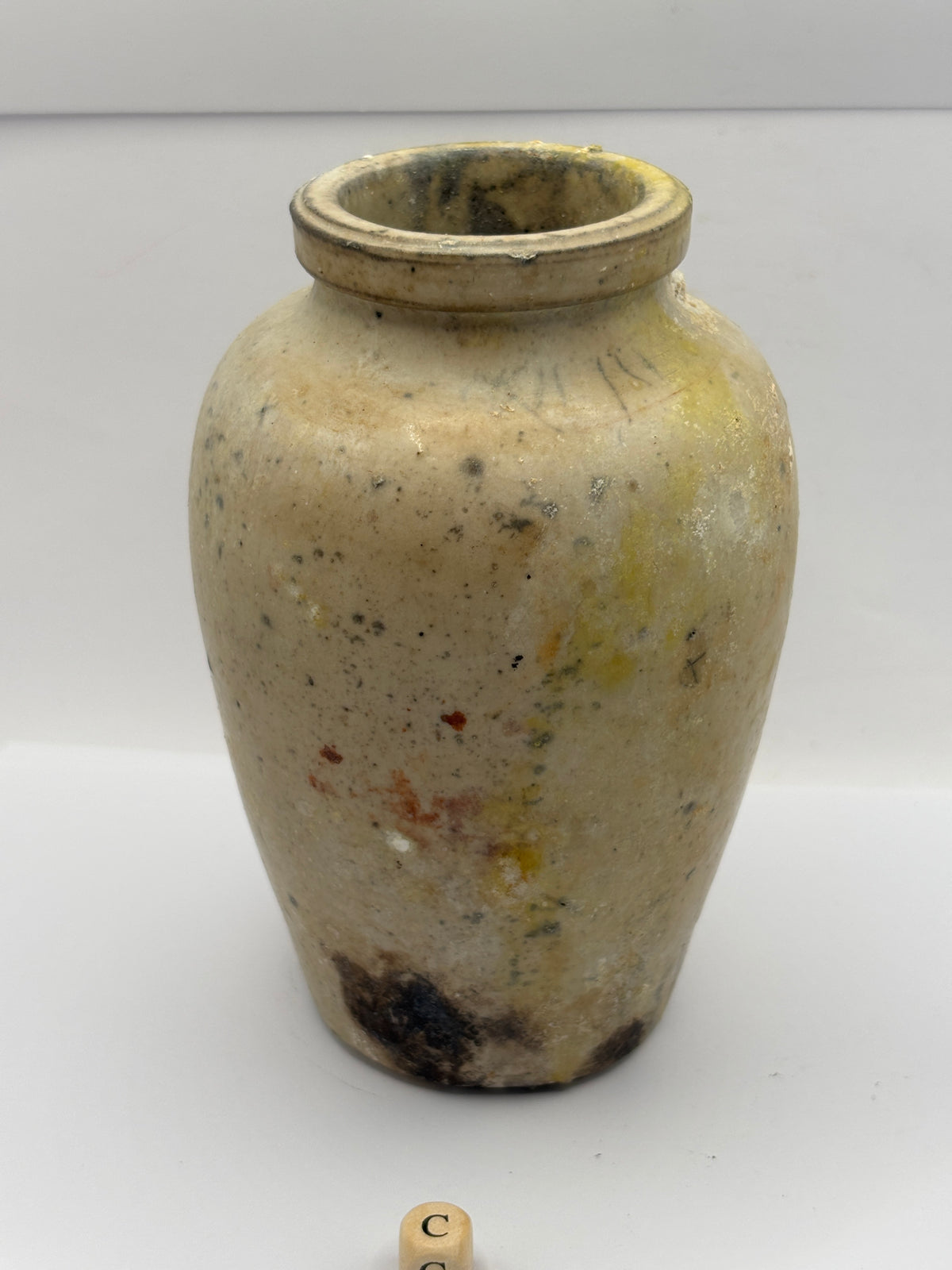 Old advertising stoneware Virol pot, 13.5cms (c) crusty/burnt