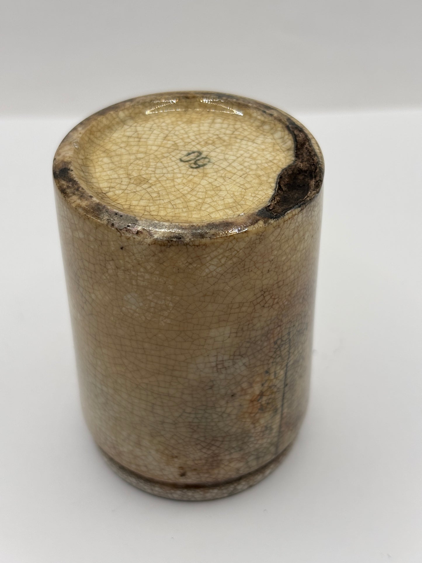 Old stained & crazed small stoneware pot