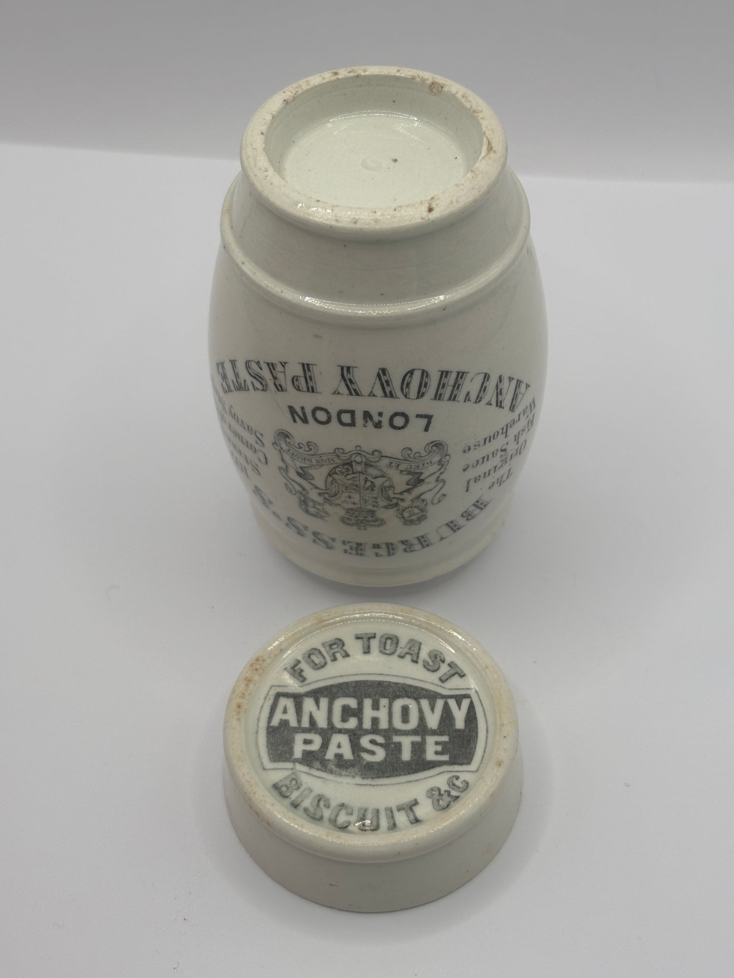 Old advertising jar and lid. Burgess anchovy paste for toast and biscuits