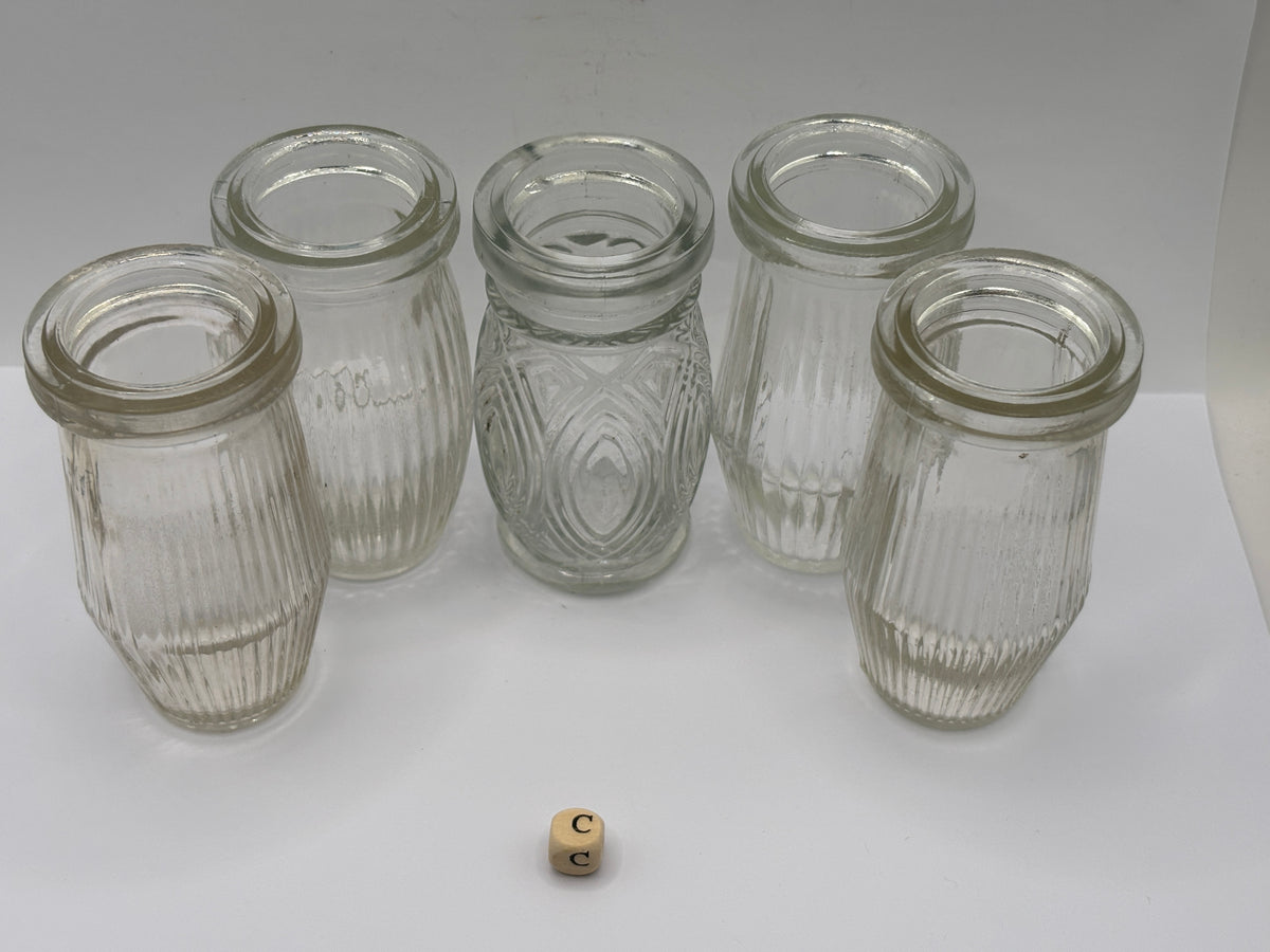 5 old clear glass meat paste jars (c)