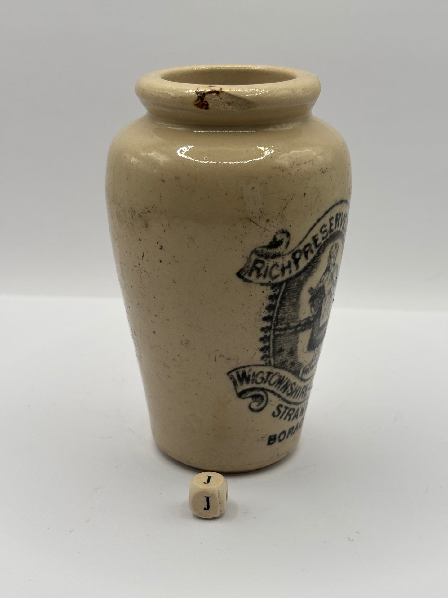 Old advertising cream pot, Rich preserved cream, Stranraer. Milk maid (J) damaged