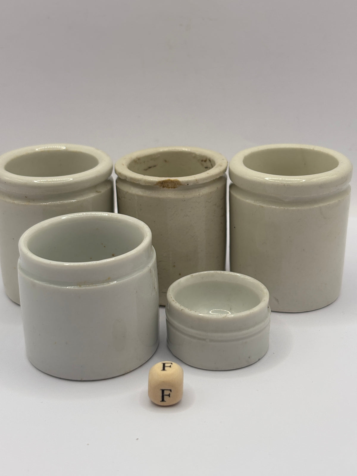 5 old small stoneware jars & pots (F)