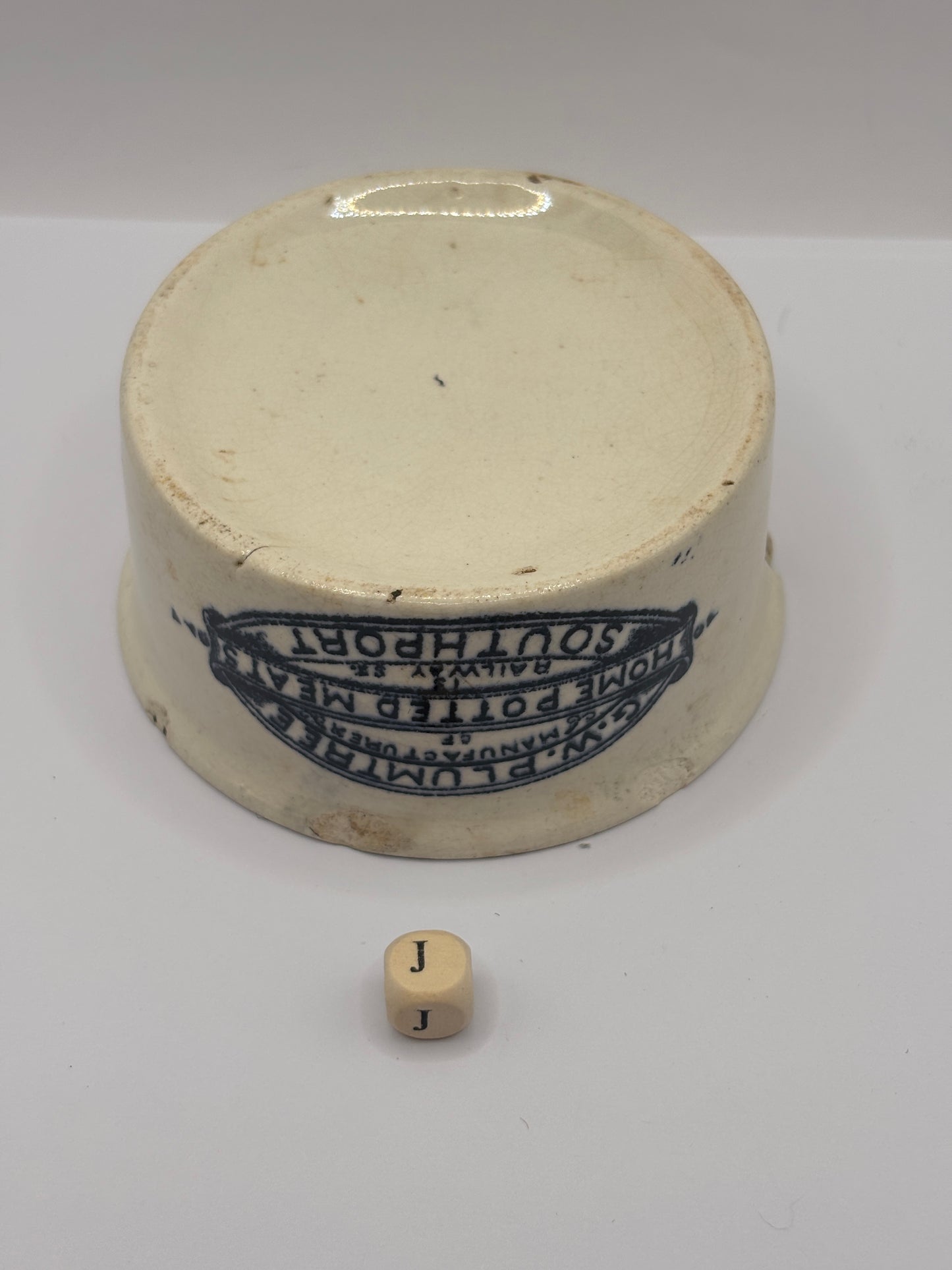 Old advertising meat paste pot, plumtrees (J) damaged