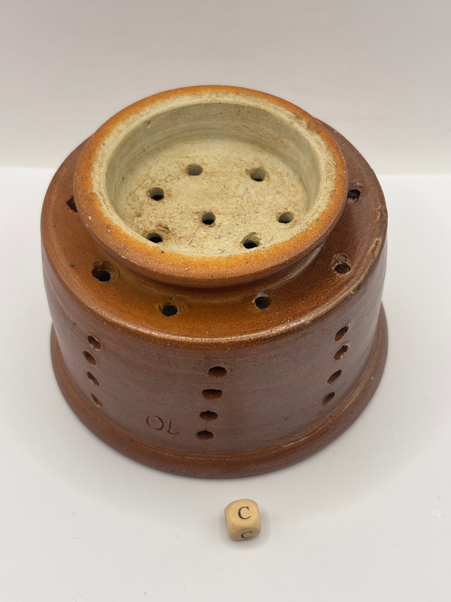 Old small french stoneware cheese strainer, cheese mold (C)