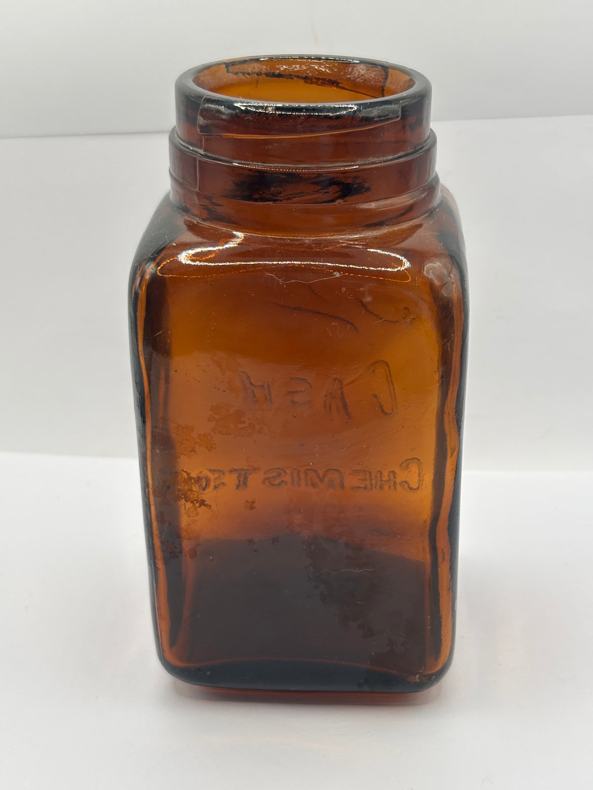 Old amber glass Boots Cash chemists jar 16cms