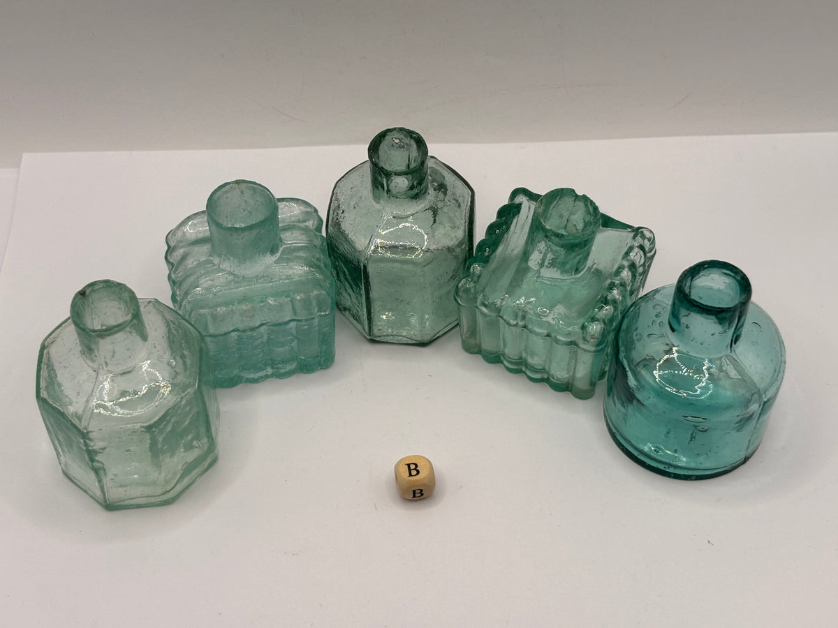 5 old aqua glass inks, inkwells, ink bottles, penny ink (B)