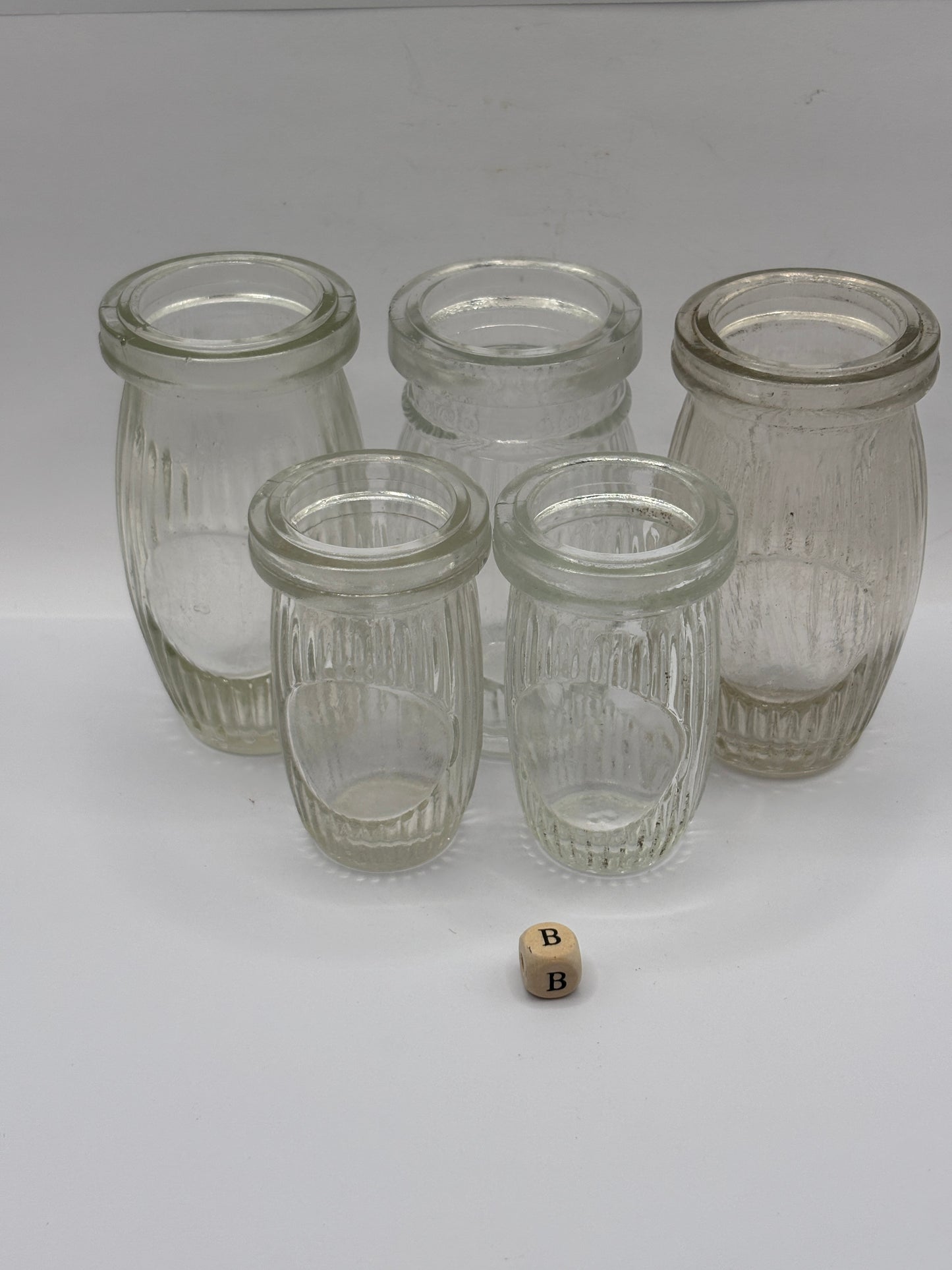 5 old clear glass meat paste jars (B)