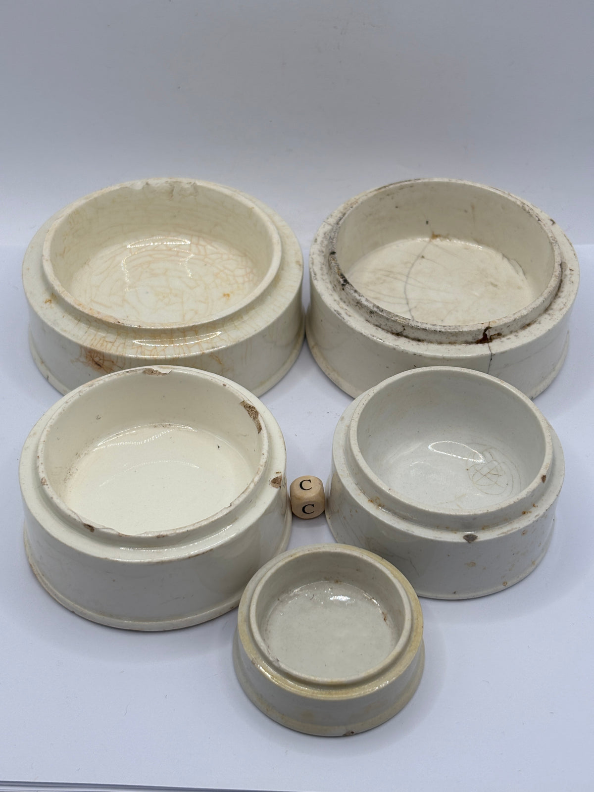 5 old stoneware pot lid bases, stackers (c)