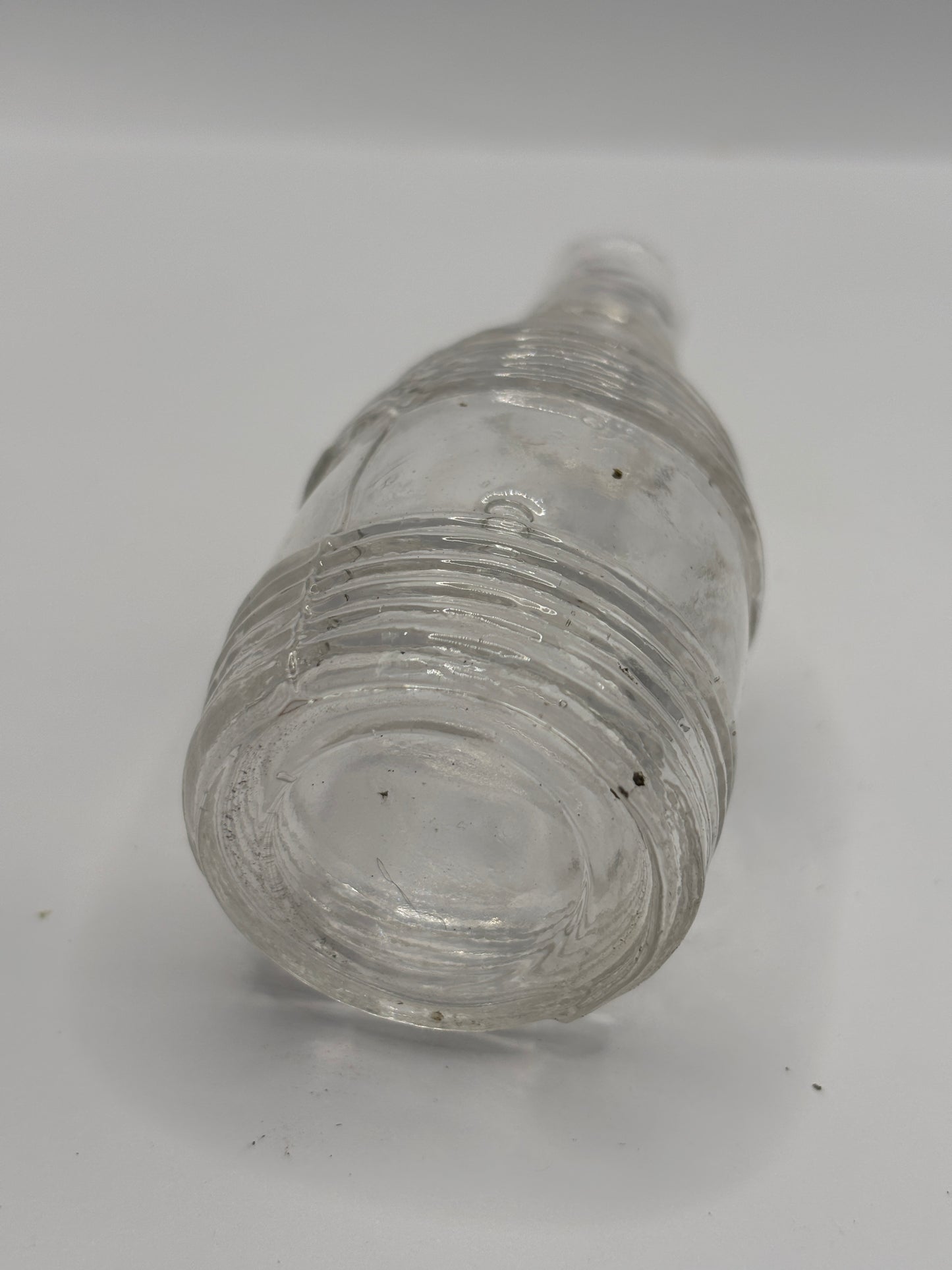Old clear glass barrel ink bottle, inkwell