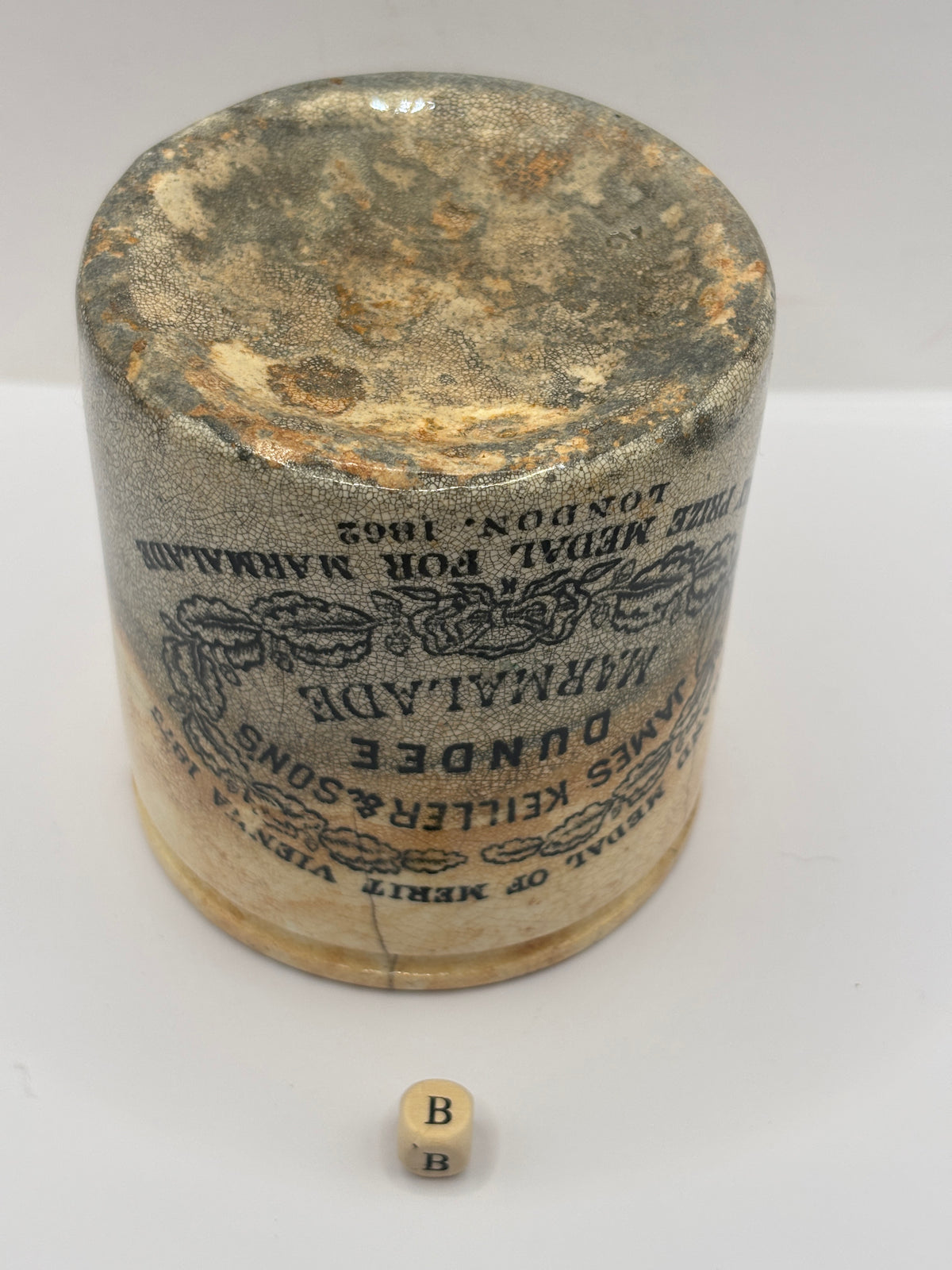 Old 1lb stoneware marmalade pot, James Keiller Dundee marmalade (B) hairlines