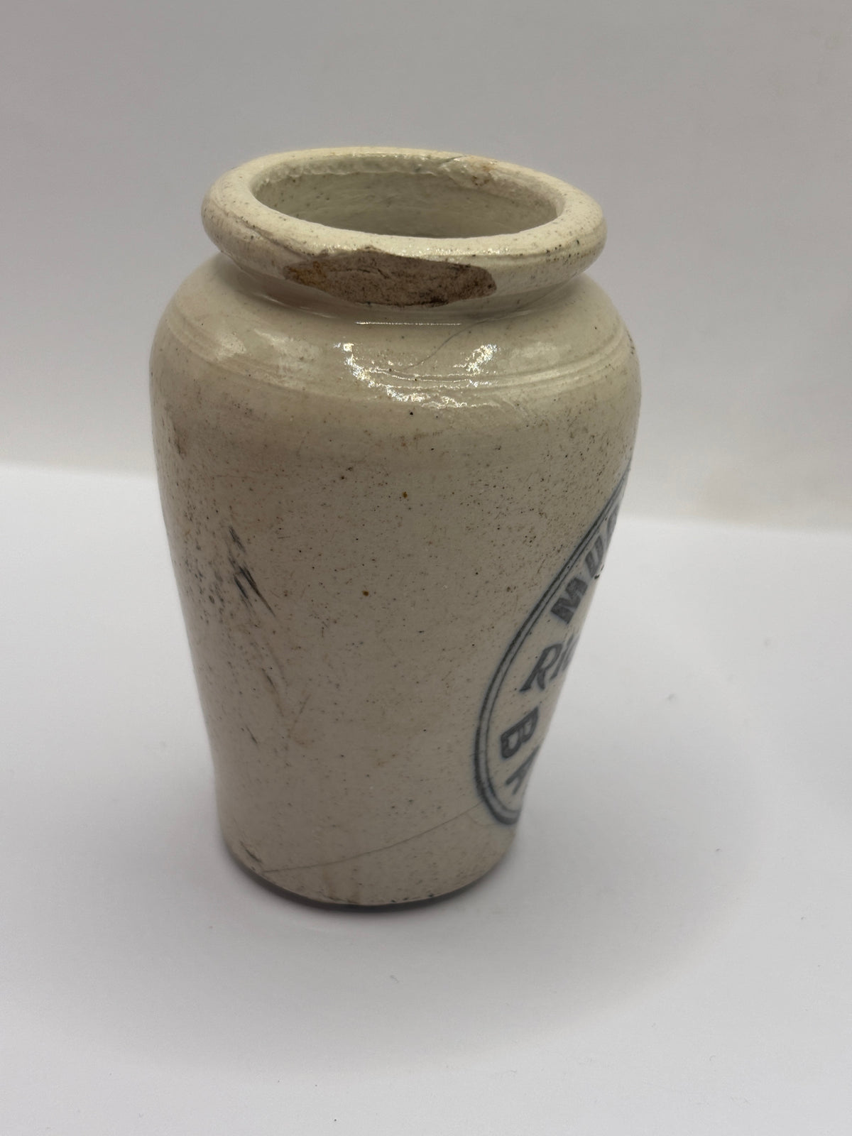 Old advertising stoneware cream pot, Murgatroyds rich cream Baildon. Chipped