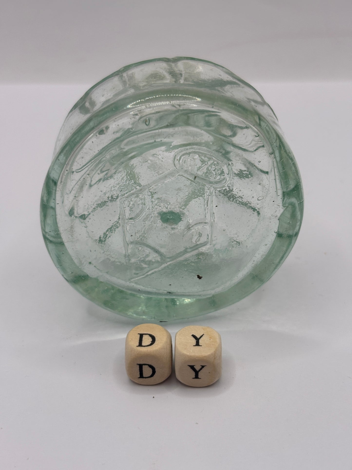 Old aqua glass tent ink, ink bottle. Inkwell (DY) diamond registration to base. Circus tent ink