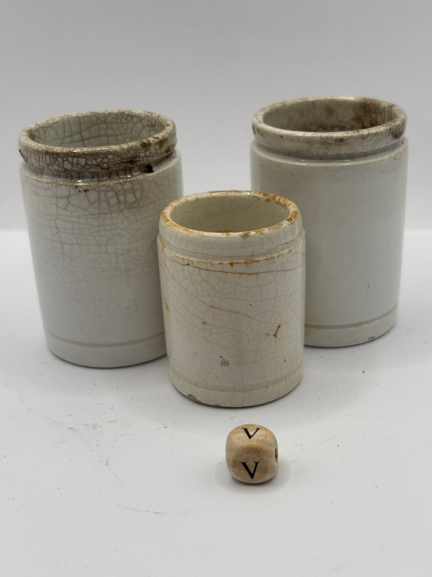 3 old stained & crazed stoneware pots (V)
