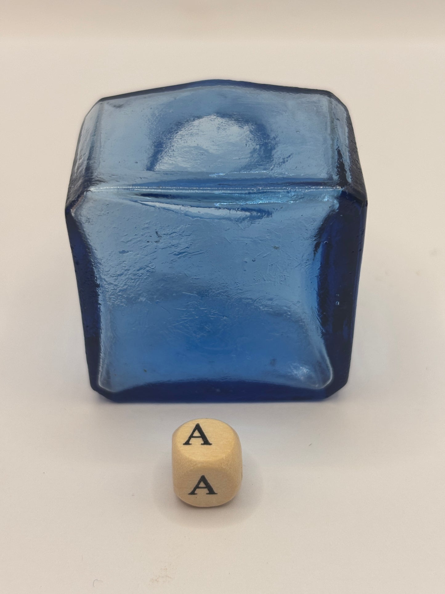 Old blue glass ink bottle, inkwell, penny ink (a) crusty