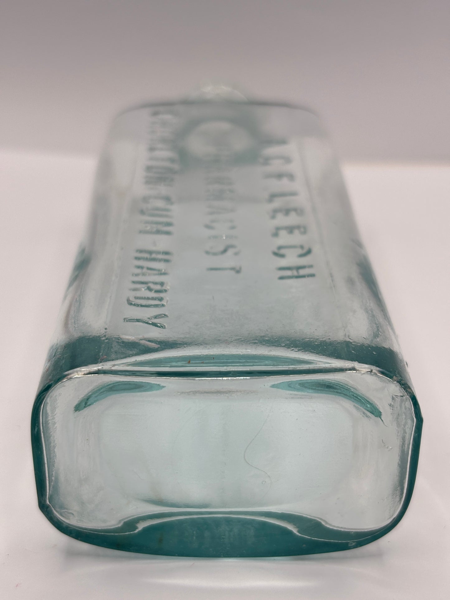 Old aqua glass chemist bottle, AGF LEECH PHARMACIST