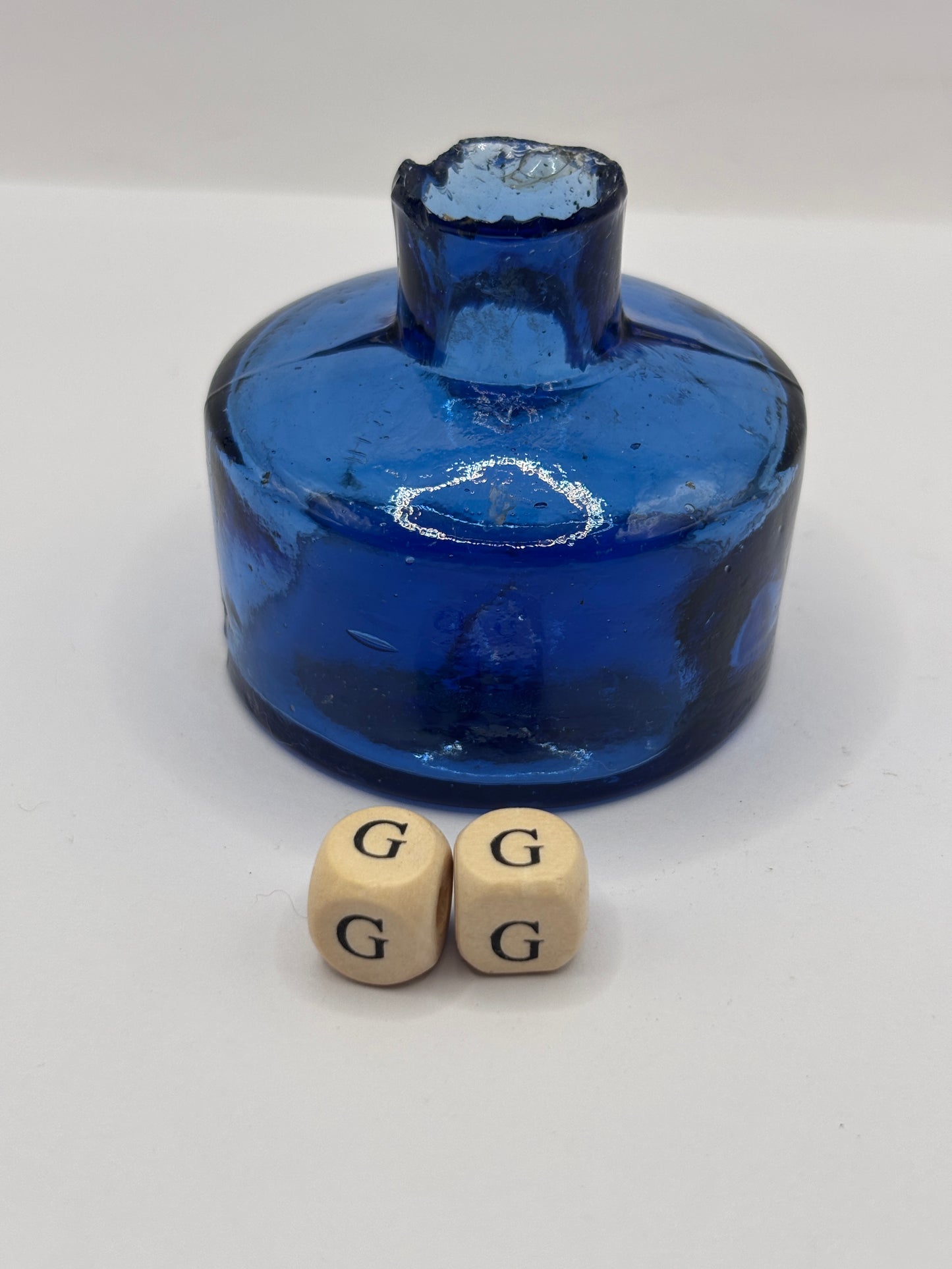 Old blue glass inkwell, ink bottle (GG)