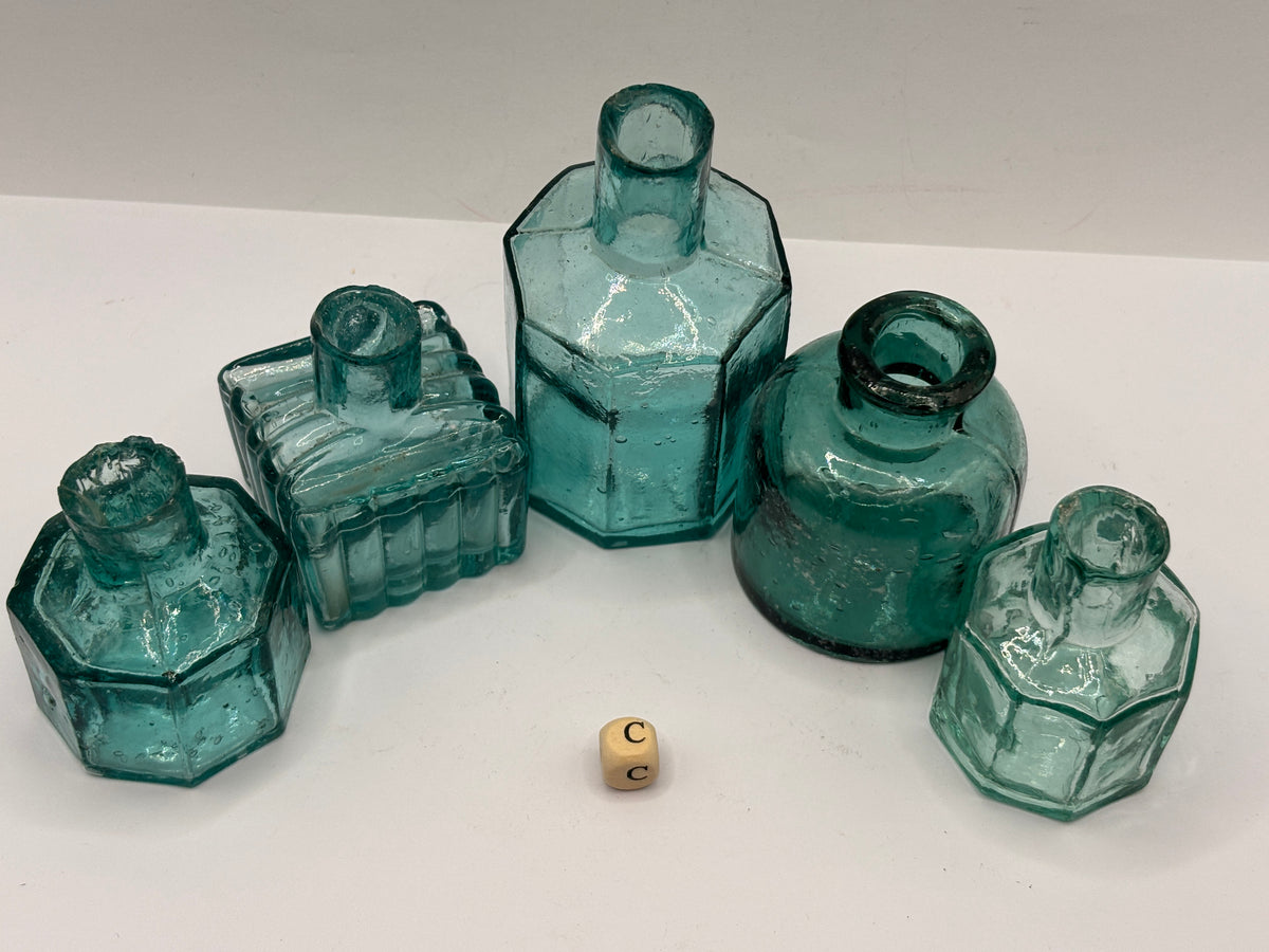 5 old dark aqua glass inks, inkwells, ink bottles, penny ink (c)