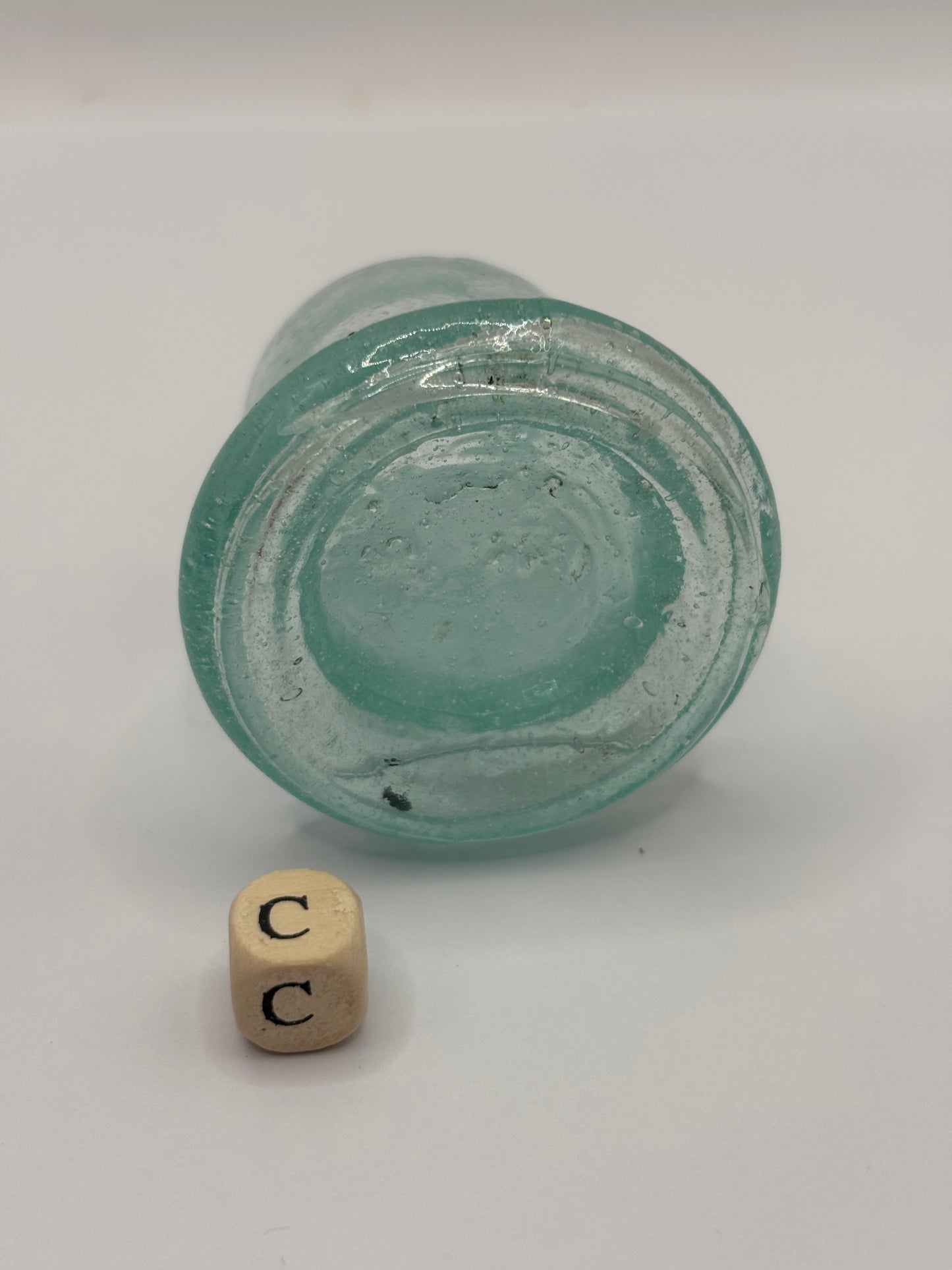 Old aqua glass inkwell, Bell ink (c)