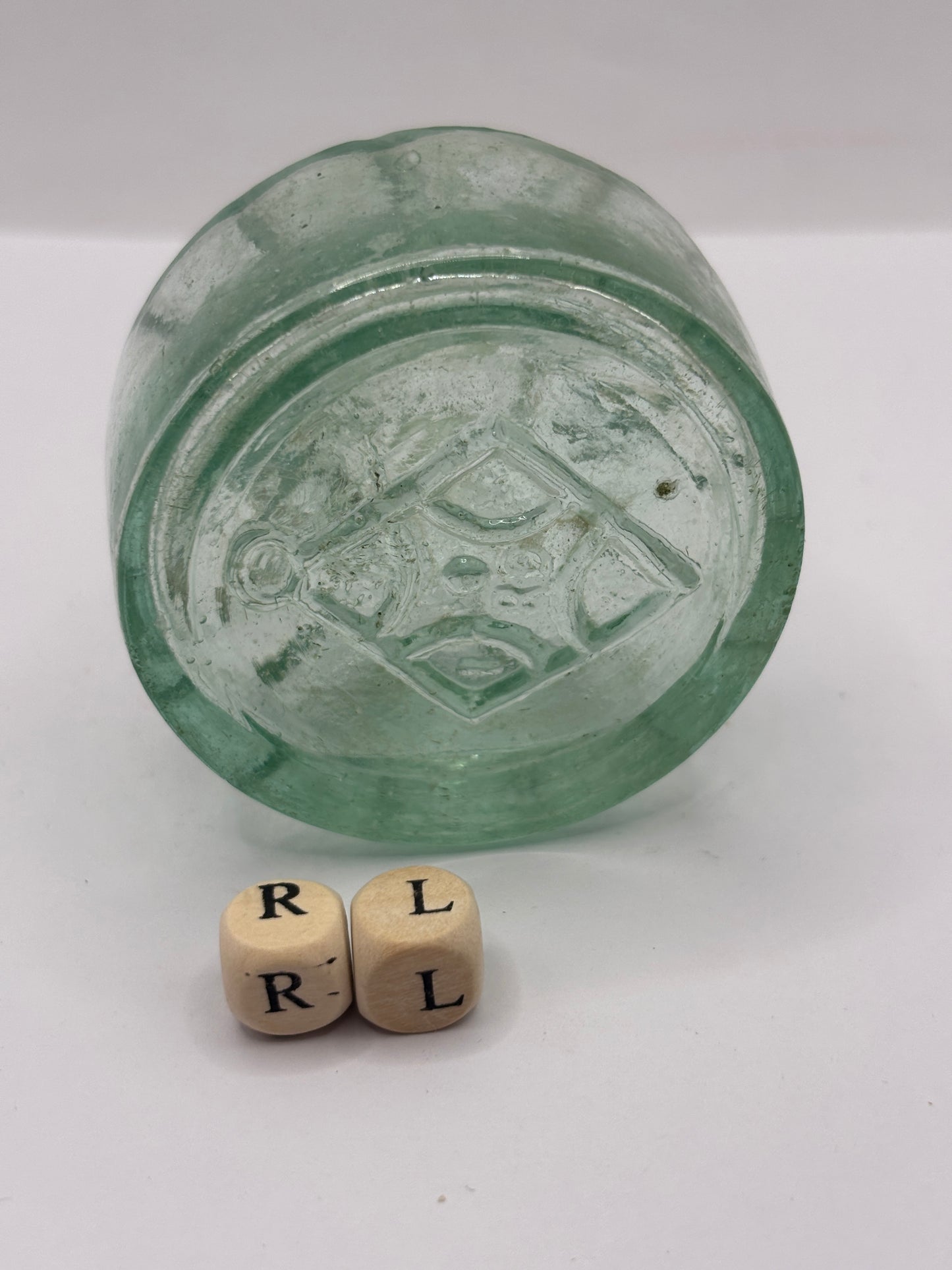 Old aqua glass tent ink, ink bottle. Inkwell (RL) diamond registration to base. Circus tent ink