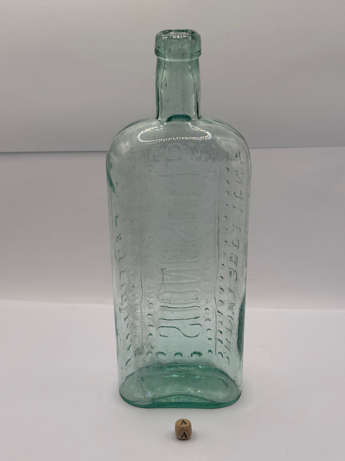 Old large aqua glass poison bottle 24cms (a)