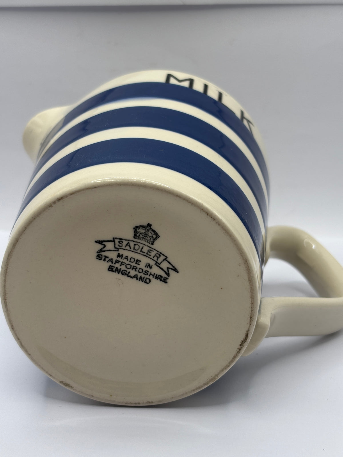 Vintage blue & white striped milk jug