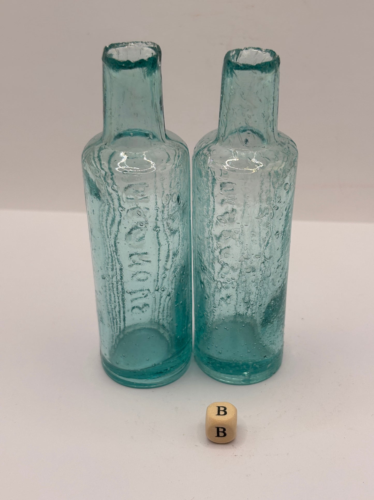 2 old aqua glass poison bottles, POISONOUS (B)