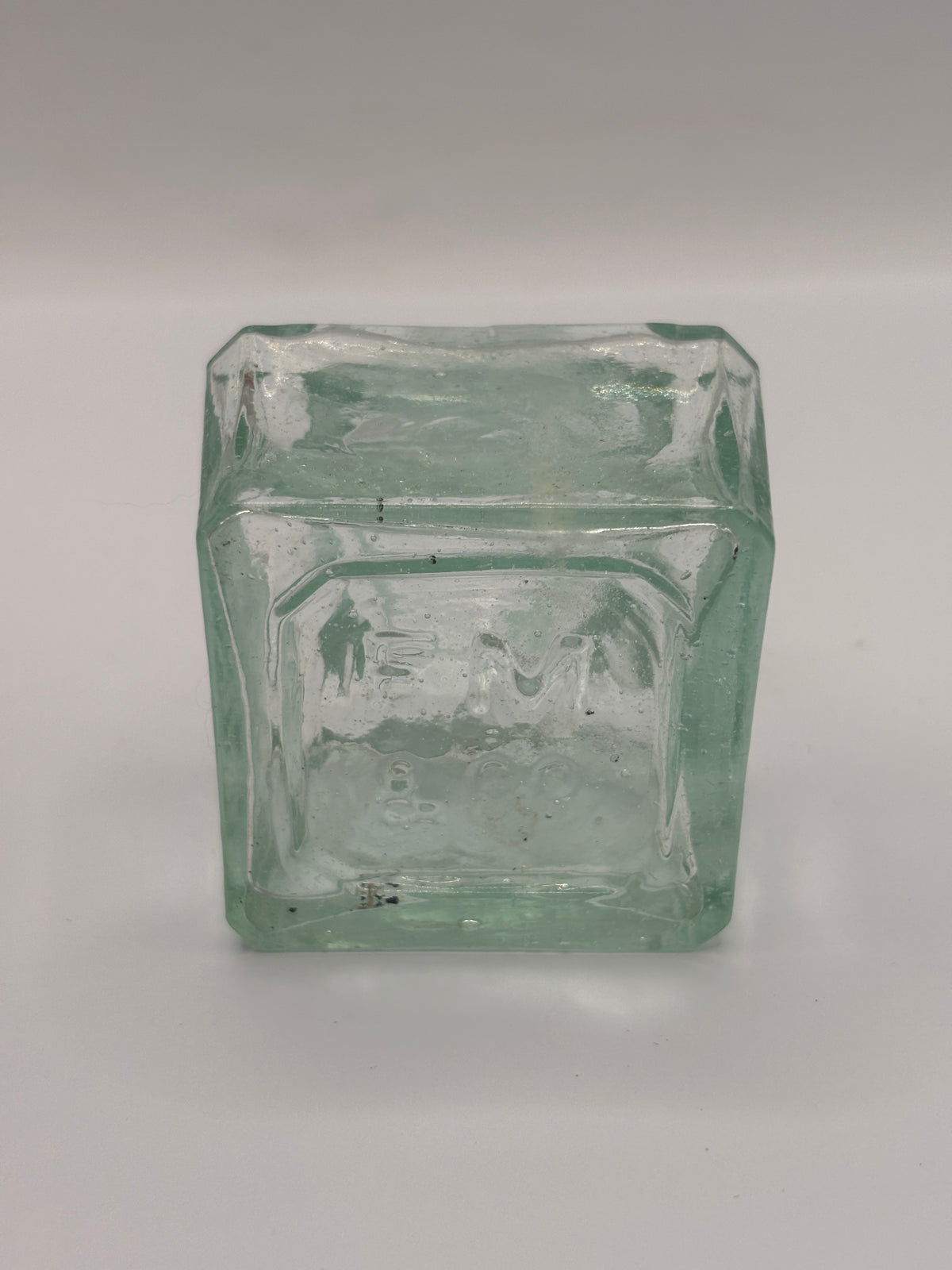 old aqua glass square ink,inkwells, ink bottle. FM & Co 4 pen rests