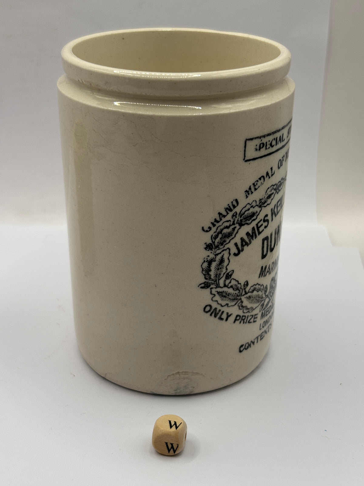 Old 1lb stoneware marmalade pot, James Keiller Dundee marmalade (w)