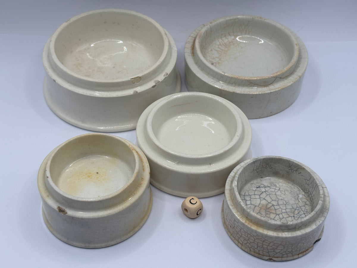 5 old stoneware pot lid bases, stackers (c)