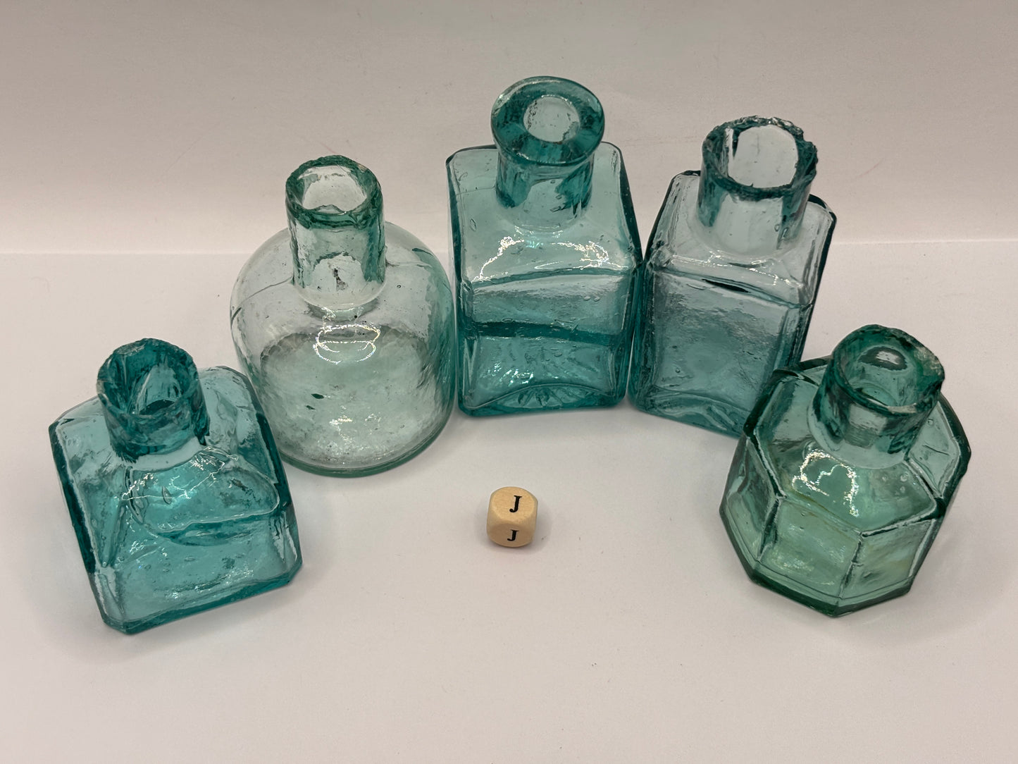 5 old aqua glass inks, inkwells, ink bottles, penny ink (J)