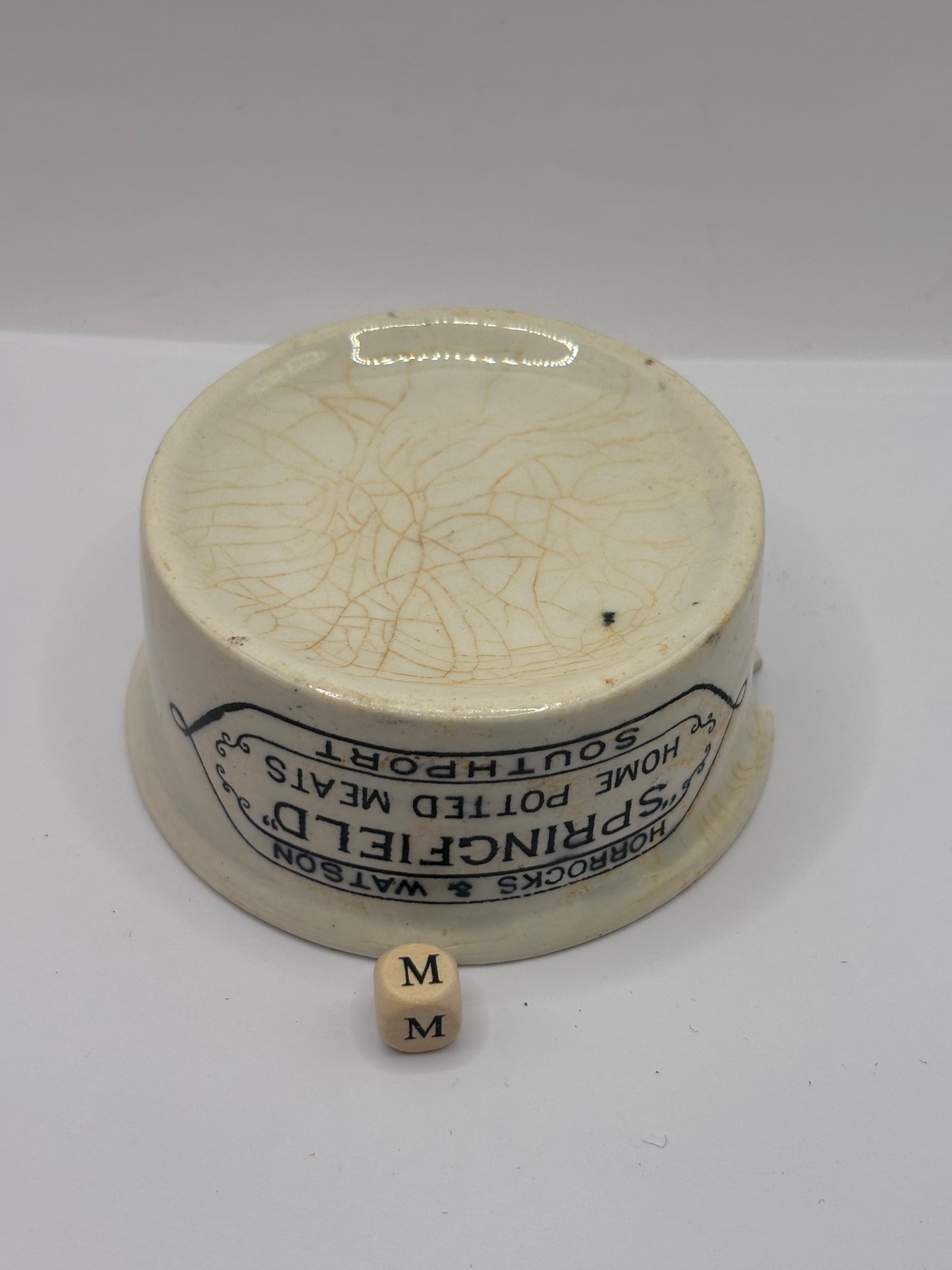 Old advertising meat paste pot, Springfield (M) damaged