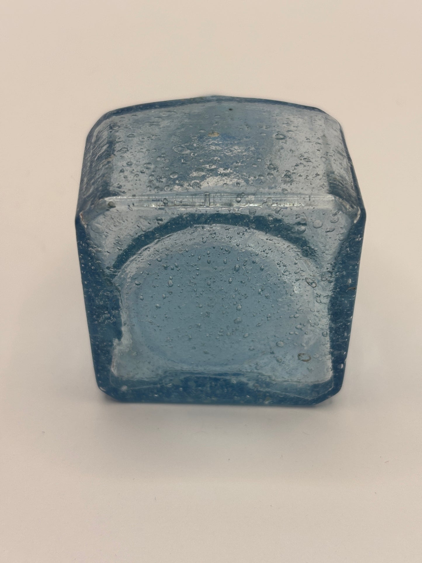 Old blue glass inkwell, ink bottle, penny ink. Lots of air bubbles