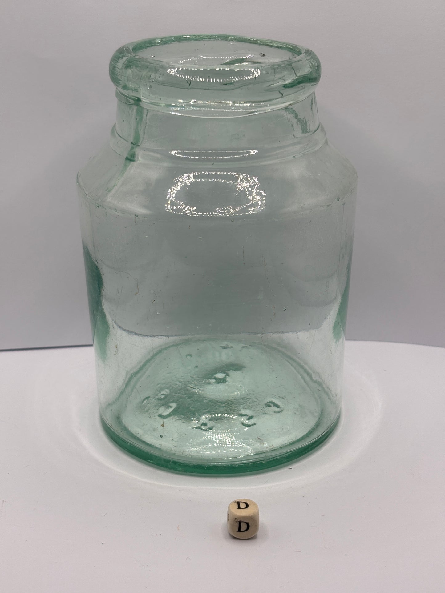 Old aqua glass jam jar (D)